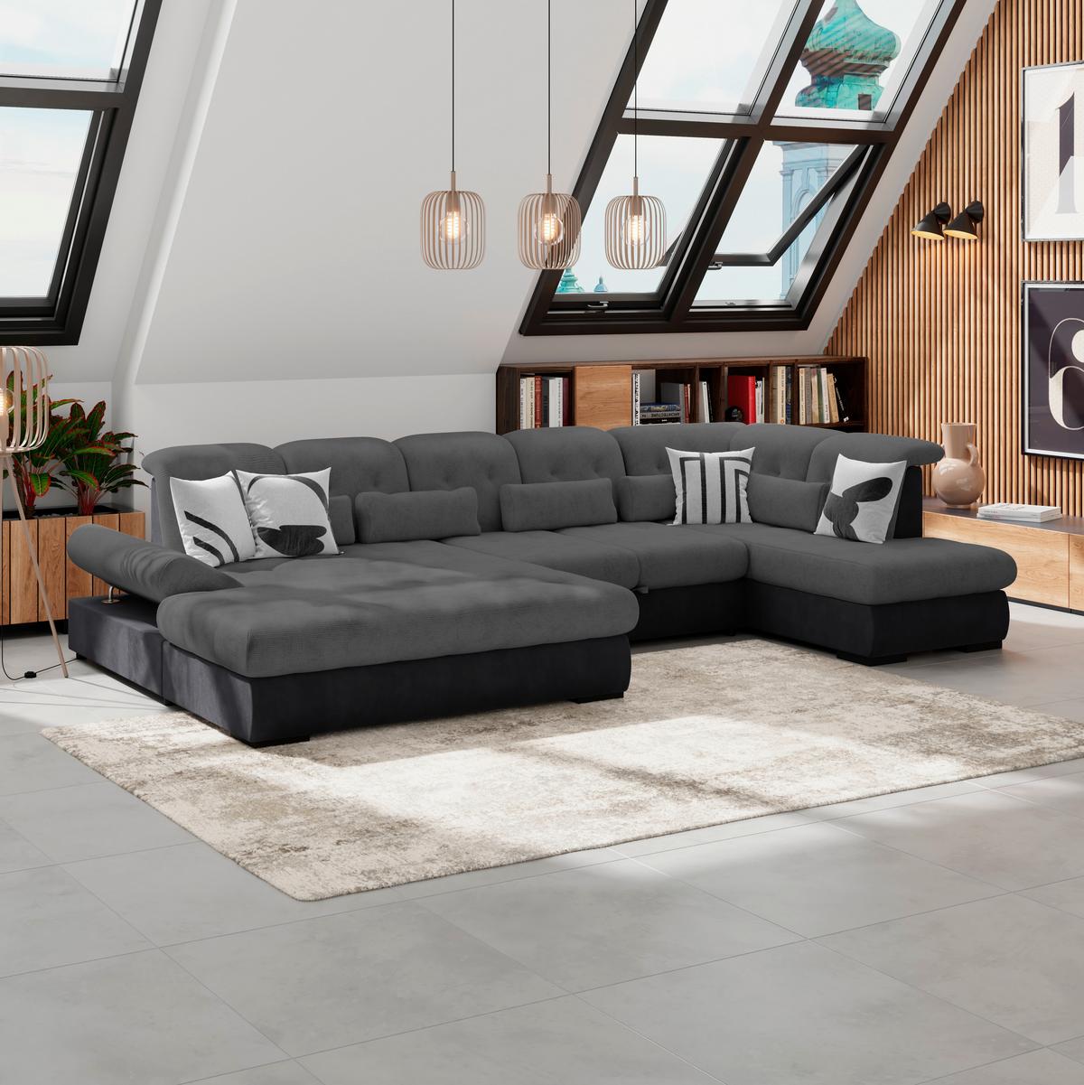 Wohnlandschaft Madera Mit Schlaffunktion Anthrazit - Anthrazit/Schwarz, KONVENTIONELL, Kunststoff/Textil (190/358/212cm)