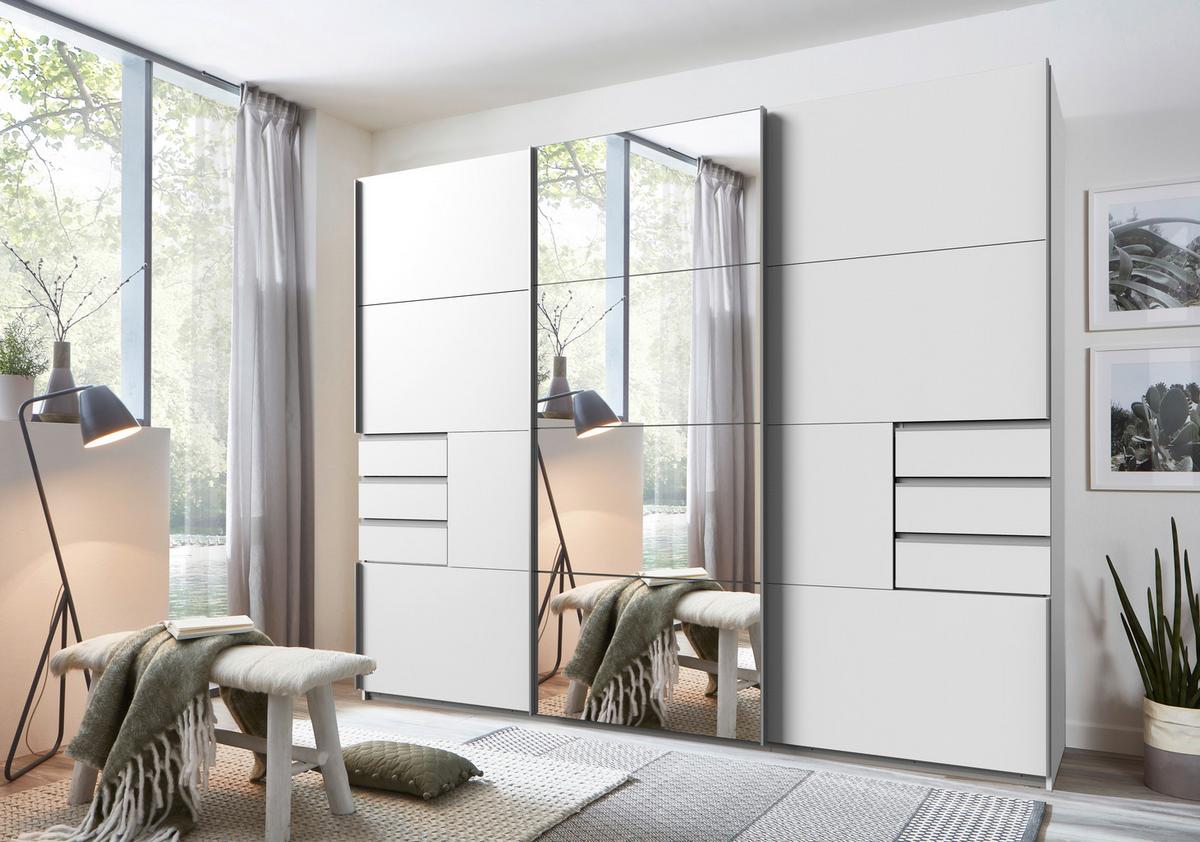 Weißer Schwebetürenschrank mit Spiegeltür und sechs Schubladen