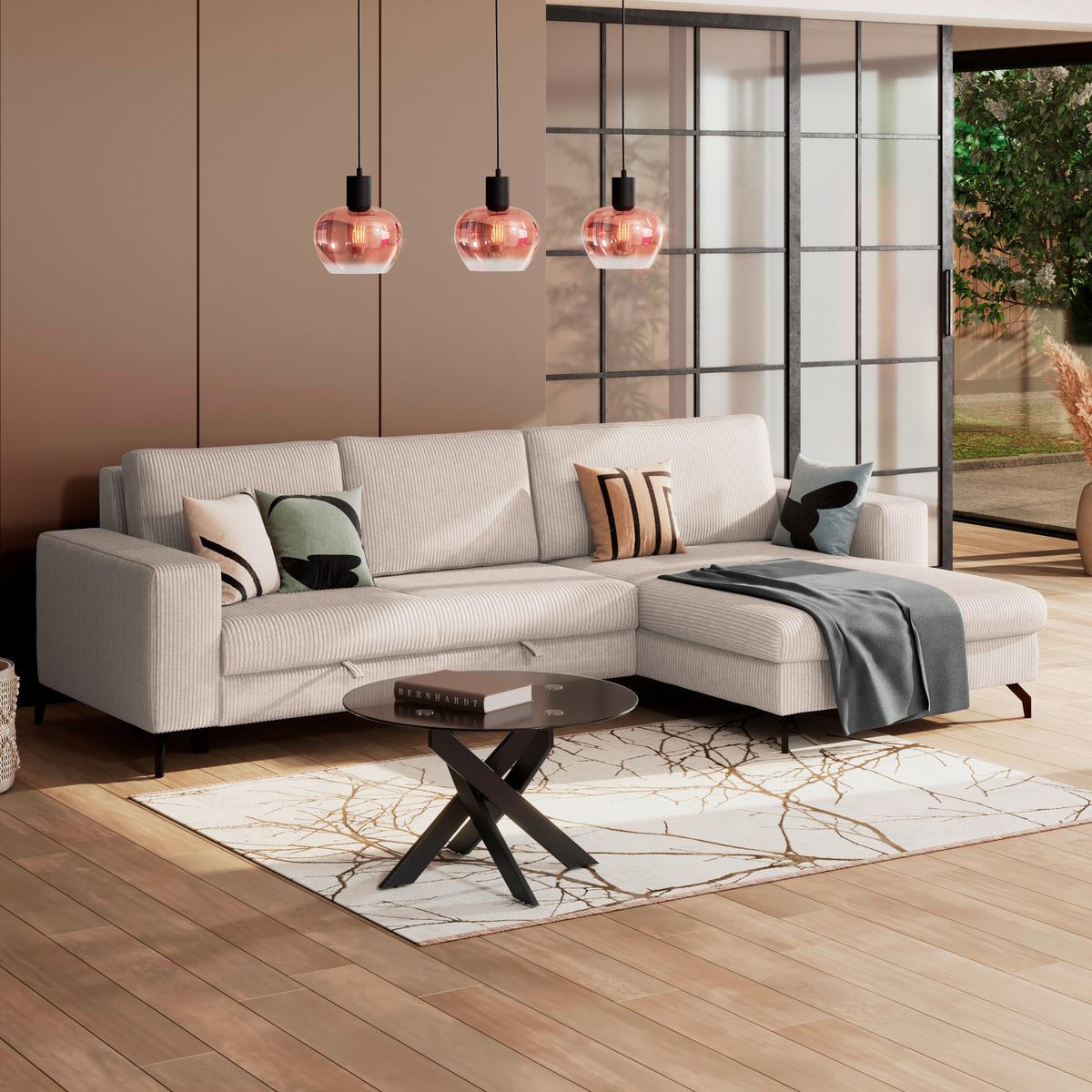 Ecksofa mit Schlaffunktion & Bettkasten Cloud Perlmutt Cord - Perlmutt, Trend, Textil (290/178cm)