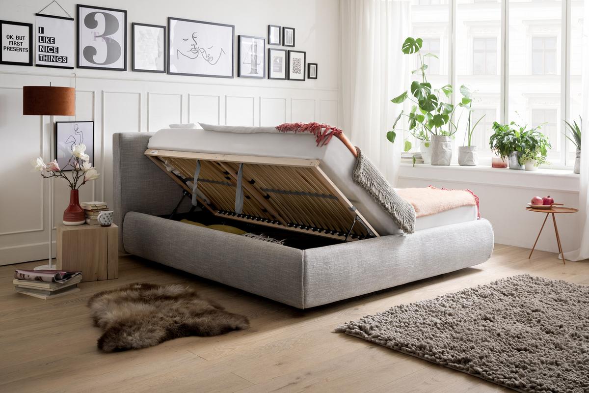 Polsterbett mit Lattenrost + Bettkasten 180x200 Atesio - Hellgrau/Naturfarben, MODERN, Holz/Textil (180/200cm) - Livetastic