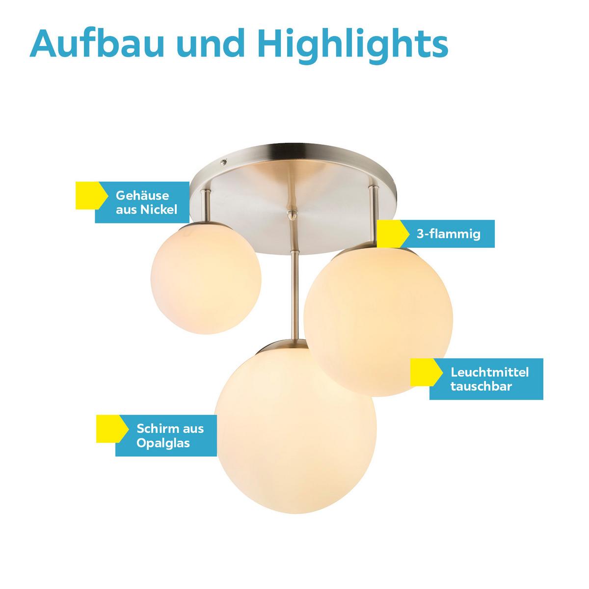 Deckenleuchte Joel Ø 47 cm Mit 3 Kugelleuchten - Weiß/Nickelfarben, Basics, Glas/Metall (47/44cm) - Globo