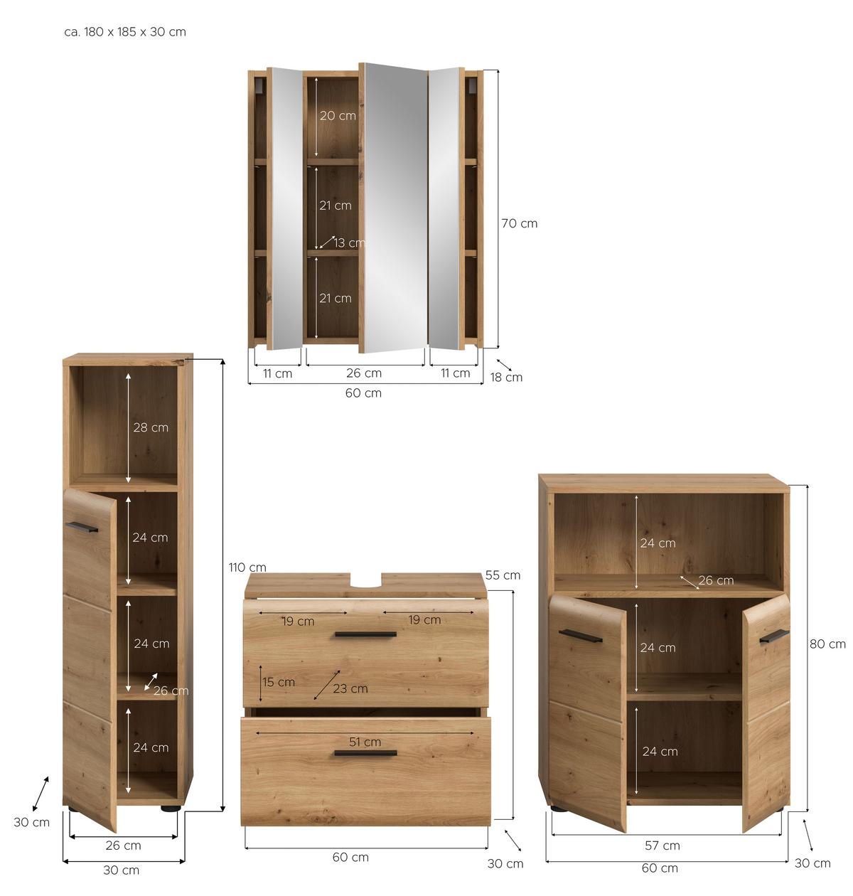 Badezimmer Ice Eiche Artisan Dekor B: 150cm - Schwarz/Eiche Artisan, Basics, Holzwerkstoff (150cm) - MID.YOU