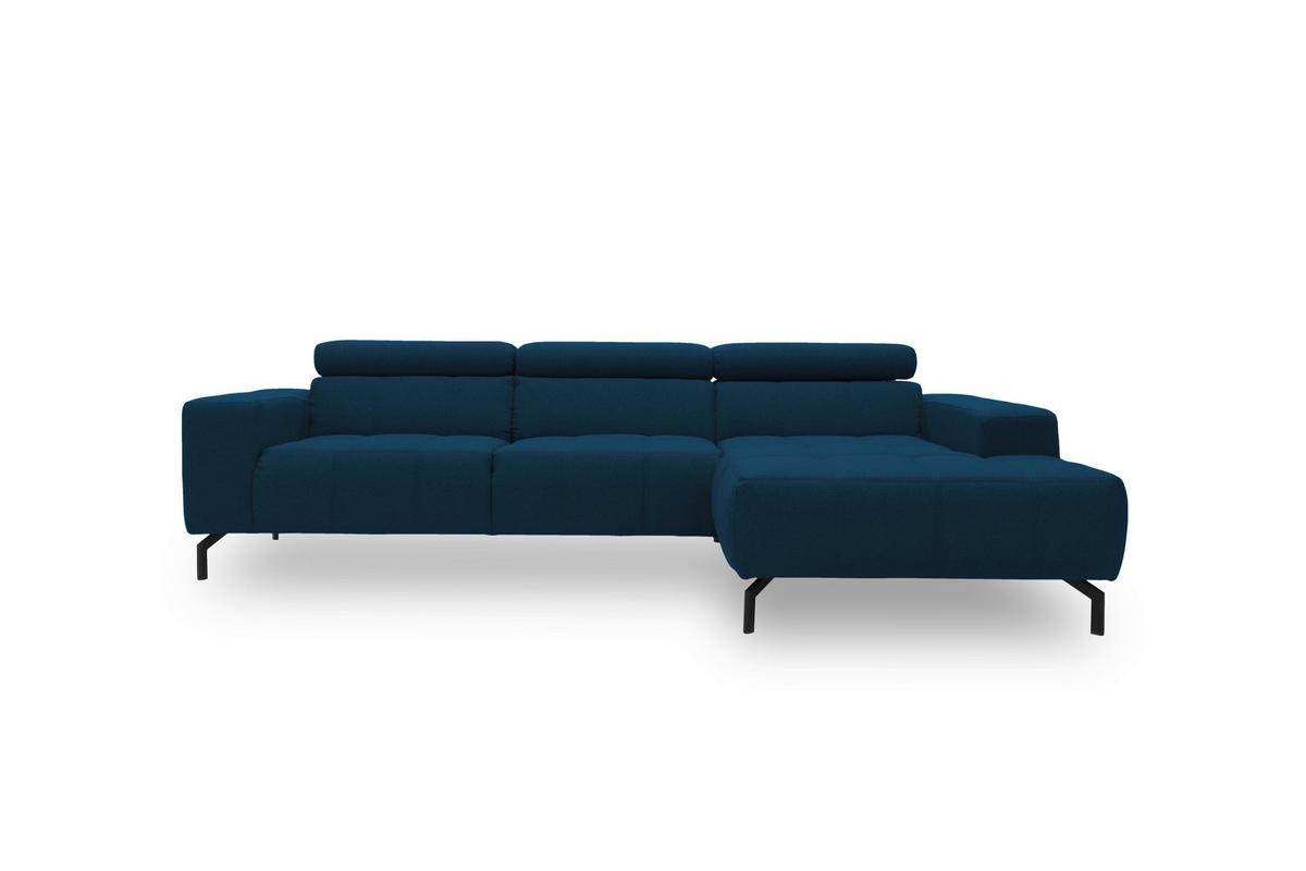 Ecksofa mit dunkelblauem Webstoffbezug und Longchair auf der rechten Seite