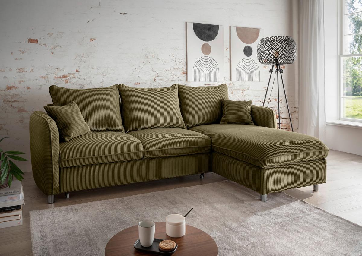 Eckschlafsofa Lauritio Olivgrün S: 254x160 cm - Chromfarben/Olivgrün, MODERN, Textil (254/160cm) - Livetastic