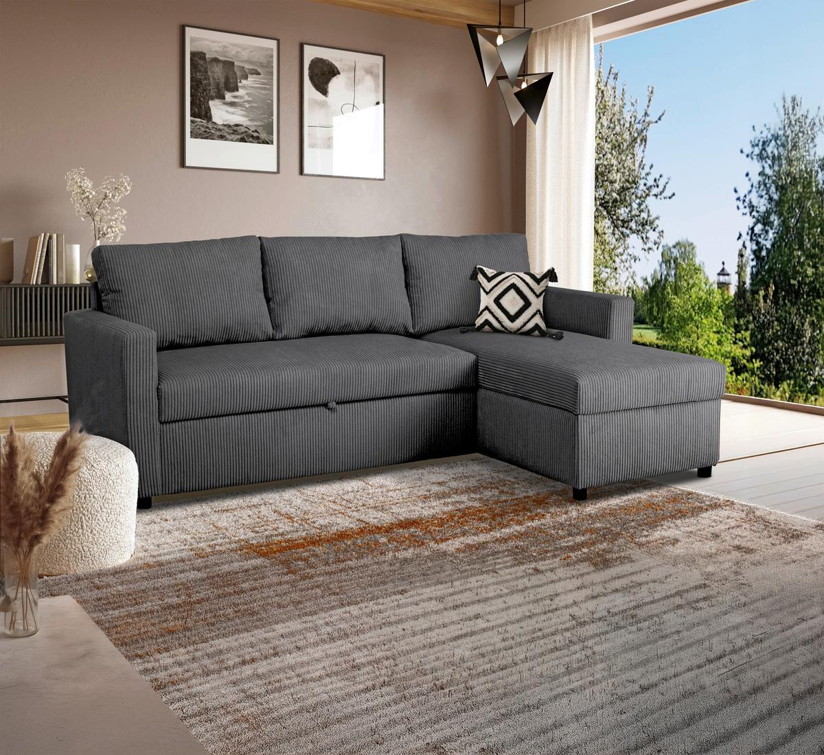 Ecksofa Mit Schlaffunktion Paris Anthrazit Cord 215x145cm - Anthrazit/Schwarz, Basics, Holz/Holzwerkstoff (215/145cm)