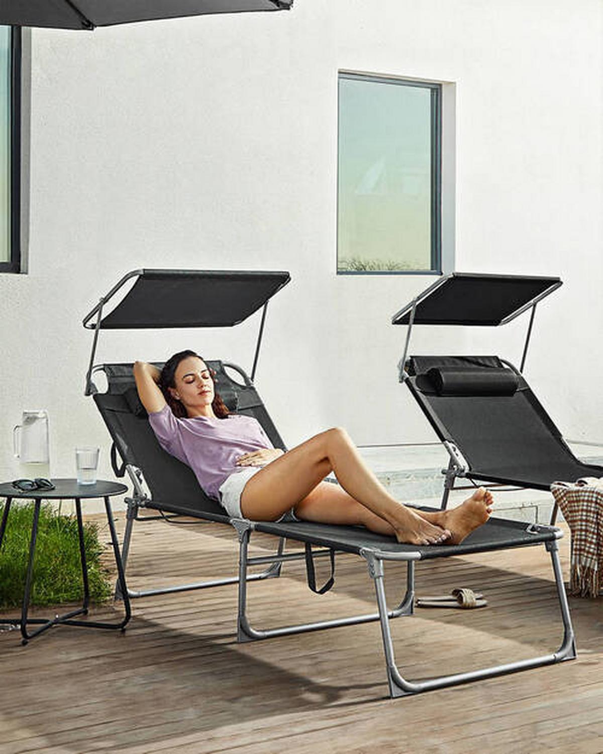 Sonnenliege Schwarz Inkl. Sonnendach, B: 71 Cm - Schwarz, Basics, Textil/Metall (71/38/200cm) - Modante