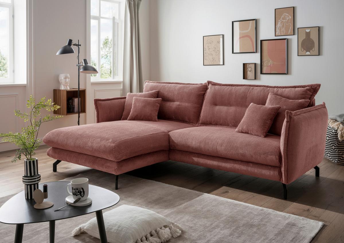 Ecksofa Lava Koralle mit Zierkissen - Koralle/Schwarz, MODERN, Textil (180/255cm) - Livetastic