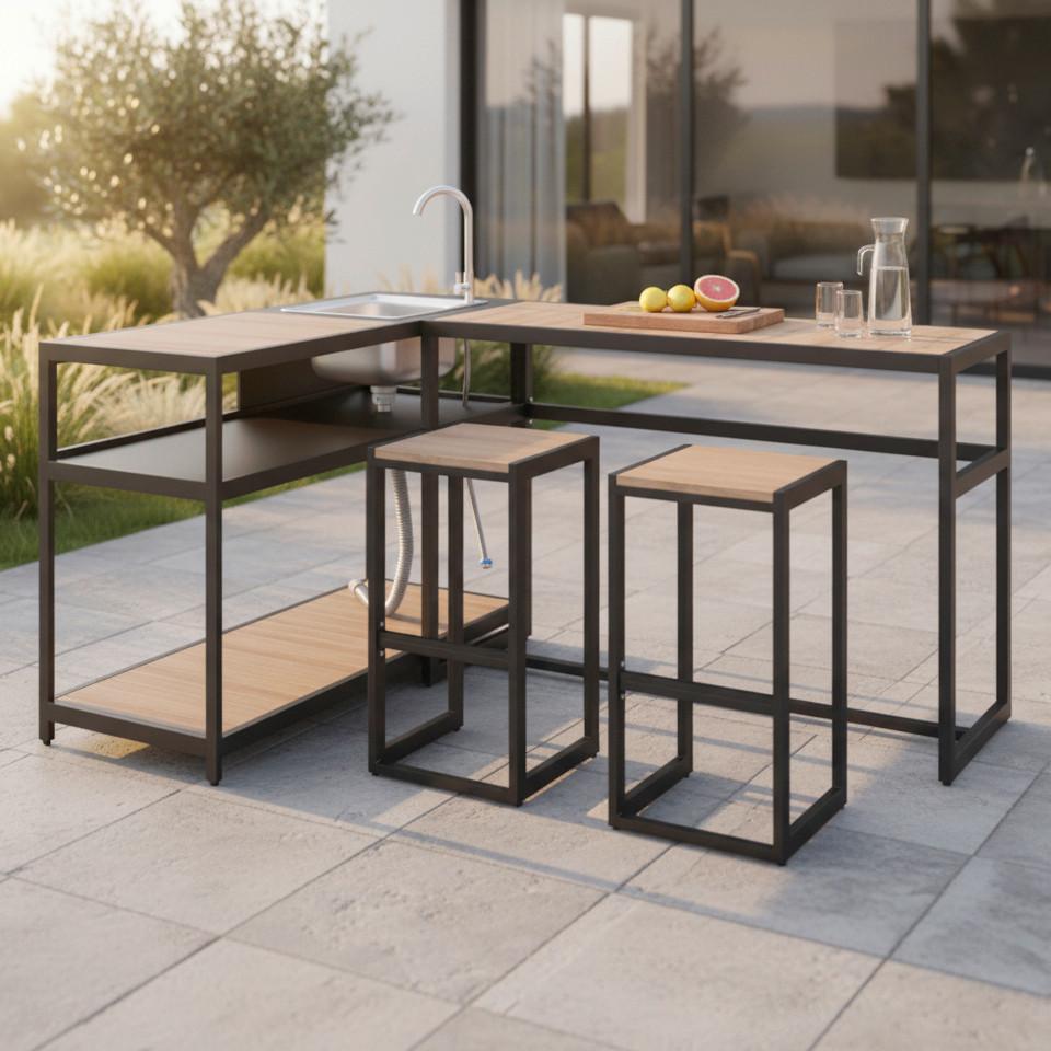 Vonkajšia záhradná kuchyňa DELIA - čierna/prírodná farba, Modern, kov/plast - Bessagi Garden