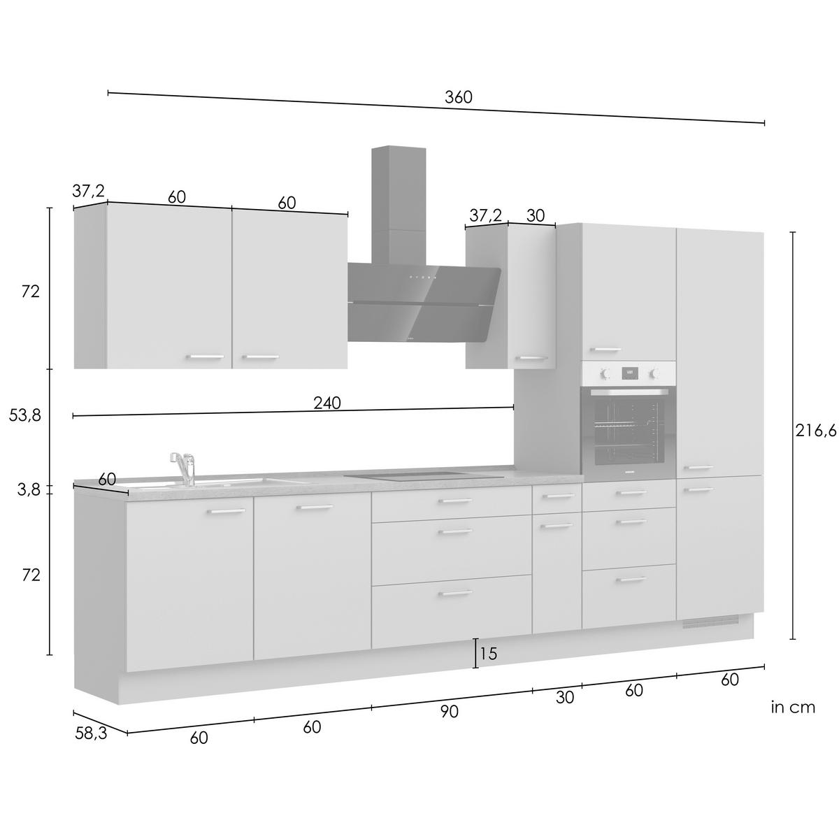 Kuchynská linka 360 cm, biela / dub Sierra - biela/farba ušľachtilej ocele, Romantik / Landhaus, kov/kompozitné drevo (360cm) - Nobilia