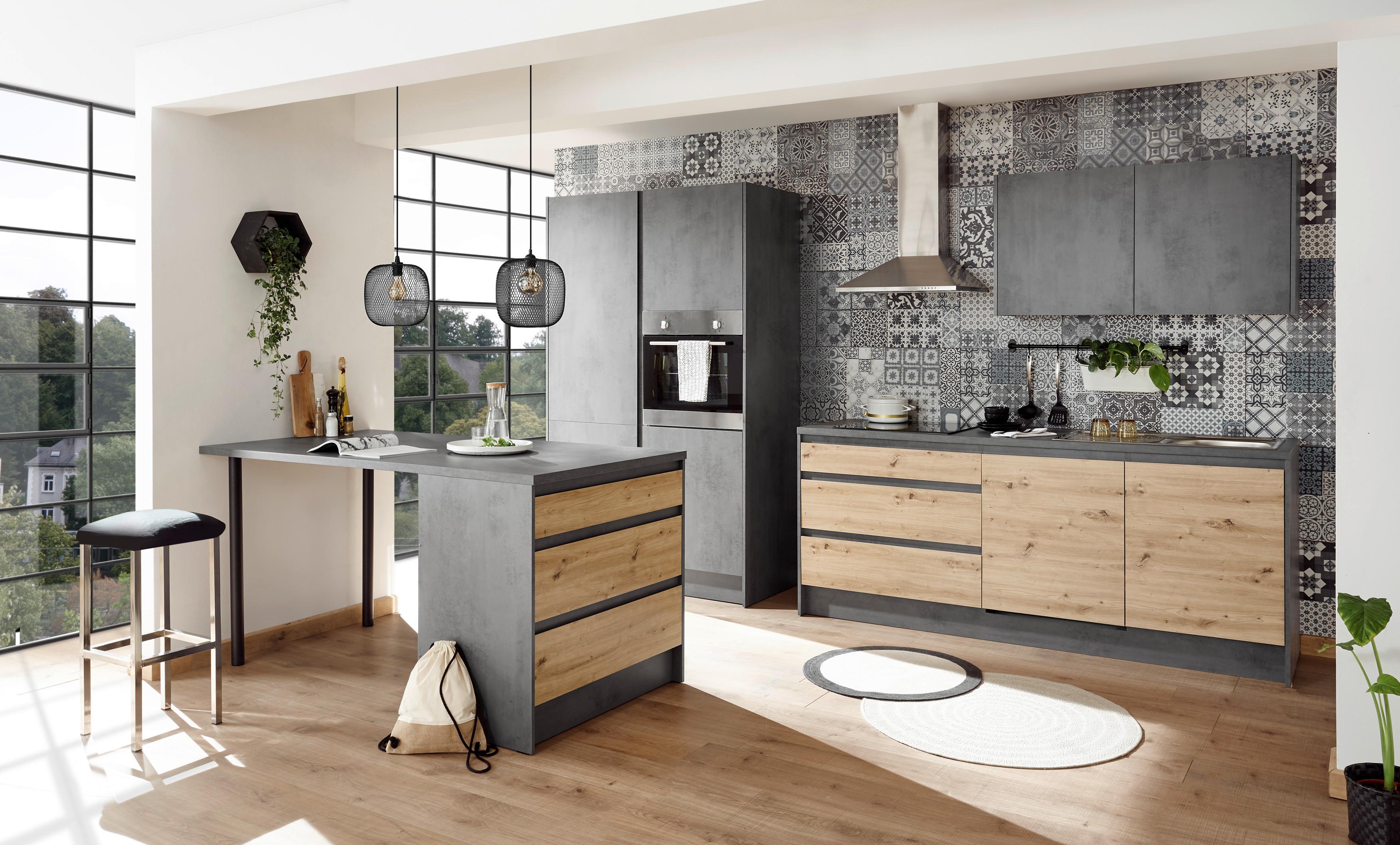 Kuchyňský blok TROJA bez spotřebičů, š. 210+127 cm - antracitová/dub artisan, Design, kompozitní dřevo (335cm) - MID.YOU
