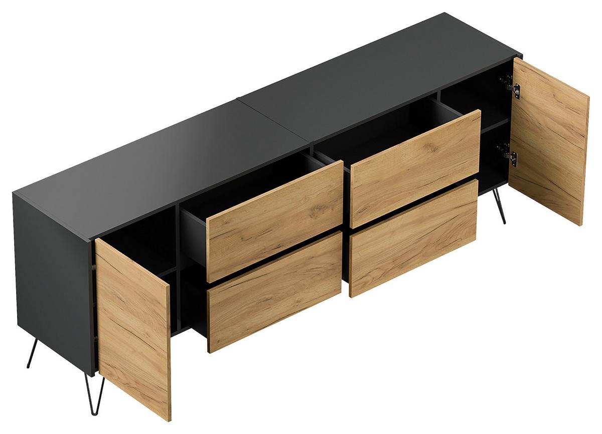 Sideboard Posseik Industrial Graphitfarben/Eichef. B: 199cm - Eichefarben/Schwarz, Design, Holzwerkstoff (199/75,8/42cm) - MID.YOU