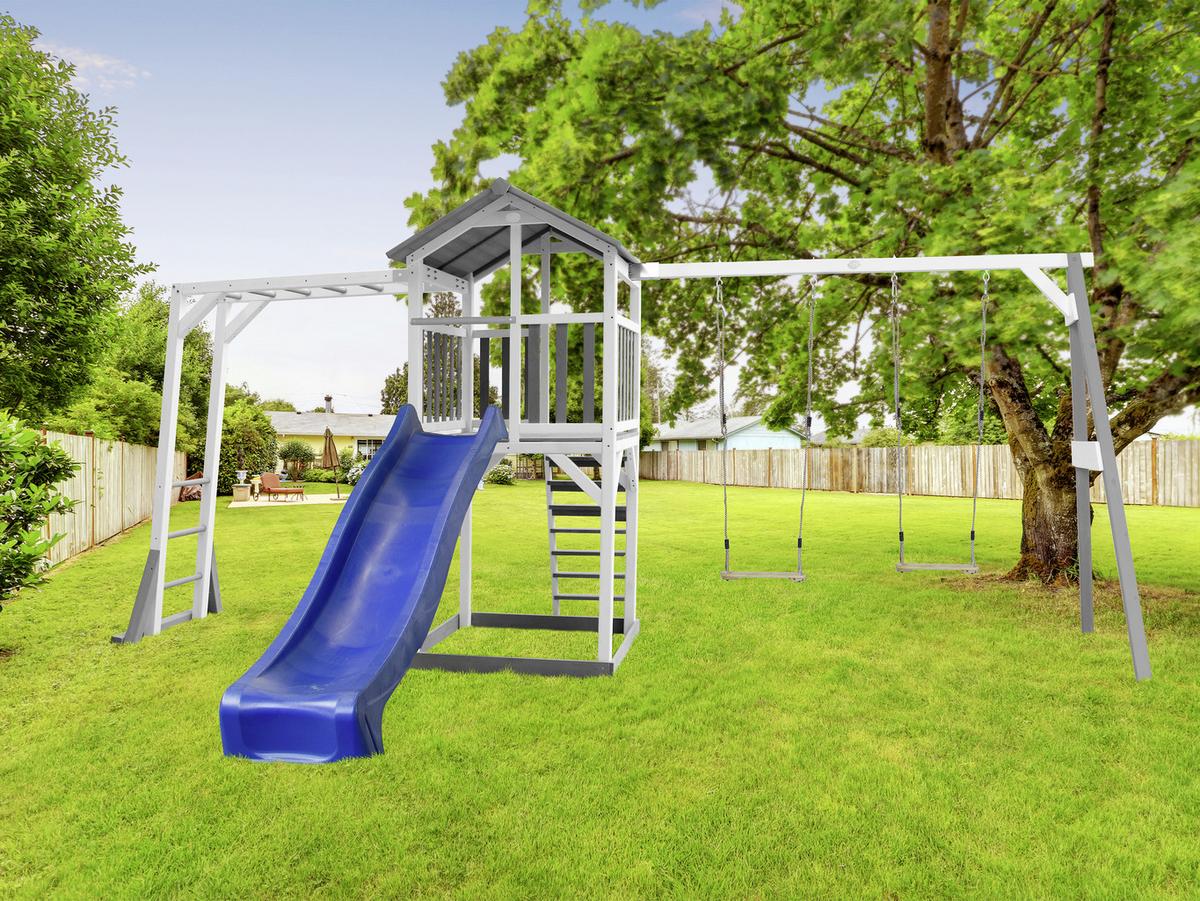 Spielhaus Climbing & Double Swing Aus Zedernholz - Blau/Weiß, Basics, Holz (519/241.9/349cm) - Ambia Garden