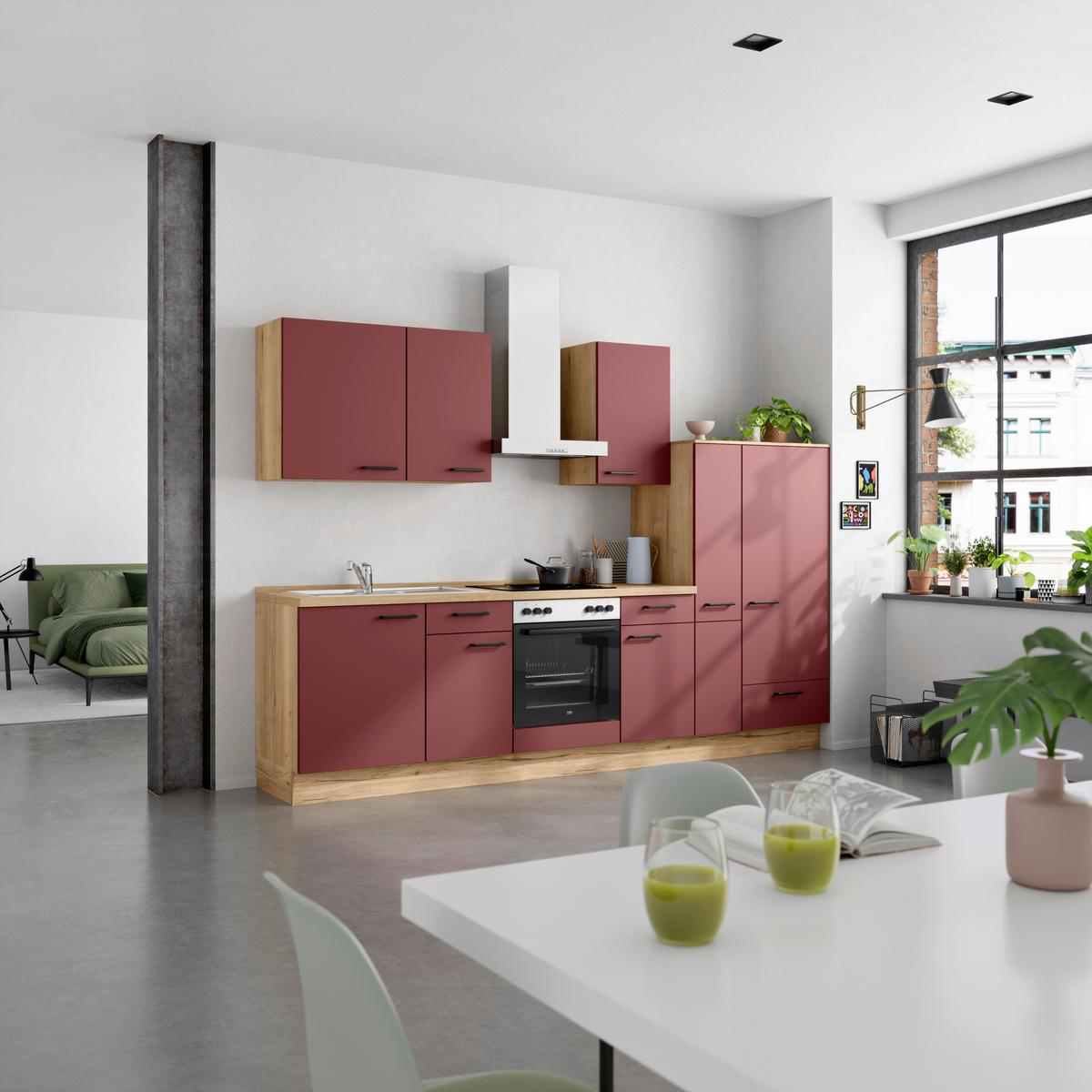 Küchenleerblock Easytouch Low-Line, L7 Rechts - Eichefarben/Rot, MODERN, Holzwerkstoff (300cm) - Nobilia