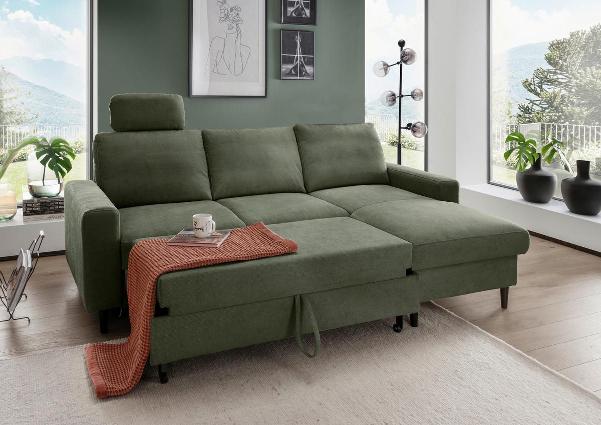 Eckschlafsofa Passione Dunkelgrün S: 234x147 cm - Dunkelgrün/Schwarz, MODERN, Textil (234/147cm) - Livetastic