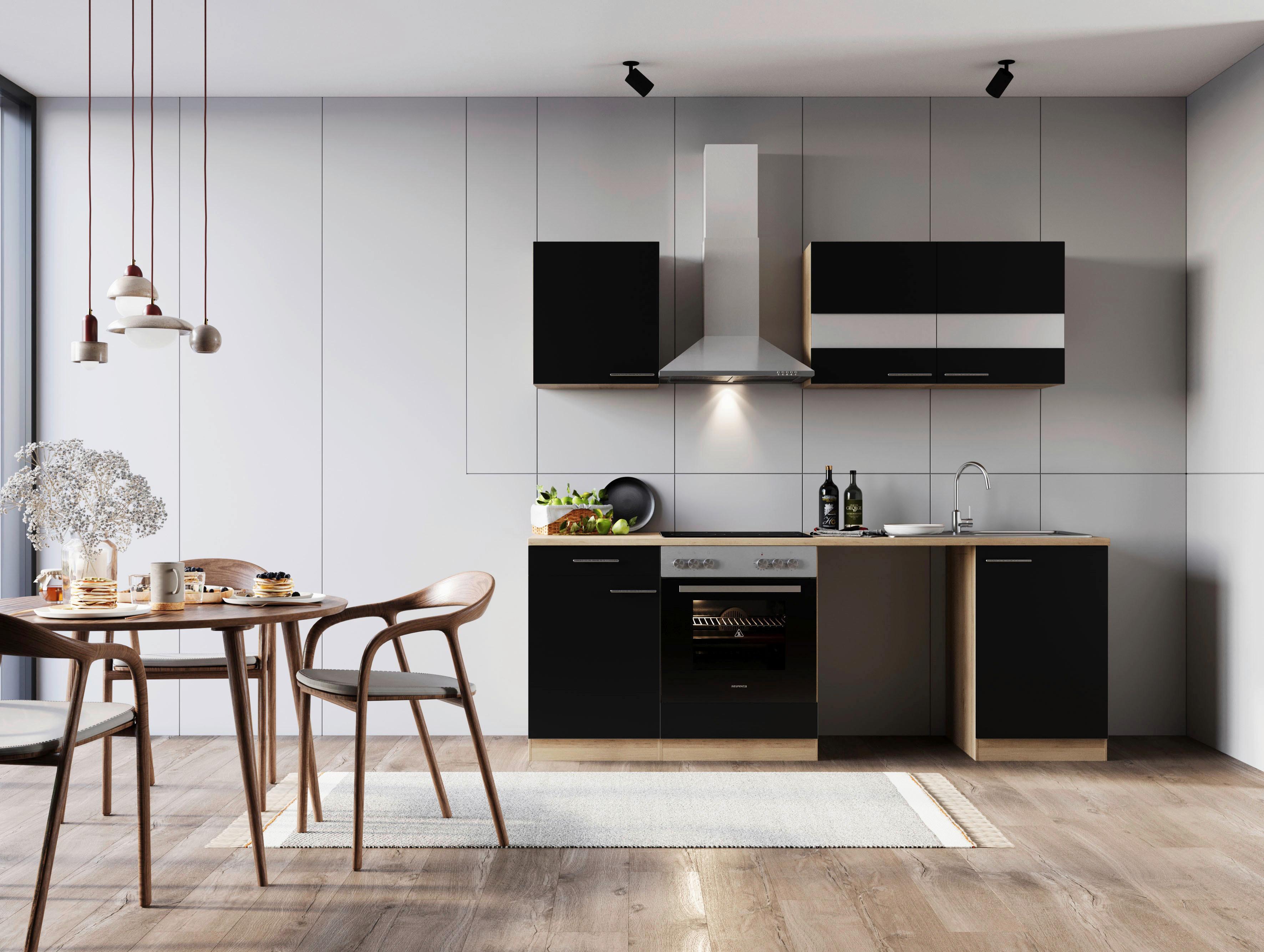 Küchenblock Merle Schwarz B: 220 Cm - Eichefarben/Schwarz, Basics, Glas/Holzwerkstoff (220cm) - Respekta