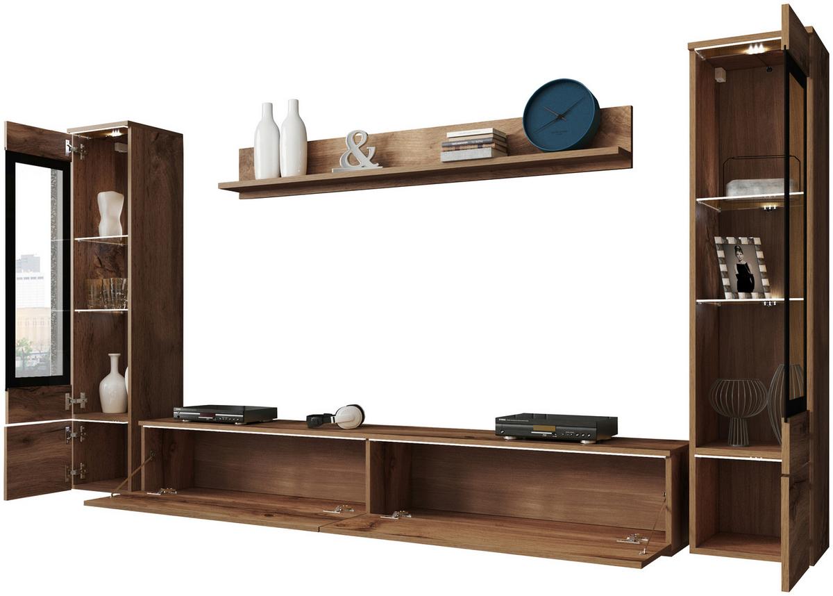 Obývací stěna s LED, dub Wotan - šedá/dub wotan, Lifestyle, kompozitní dřevo/plast (240/130/33cm) - P & B