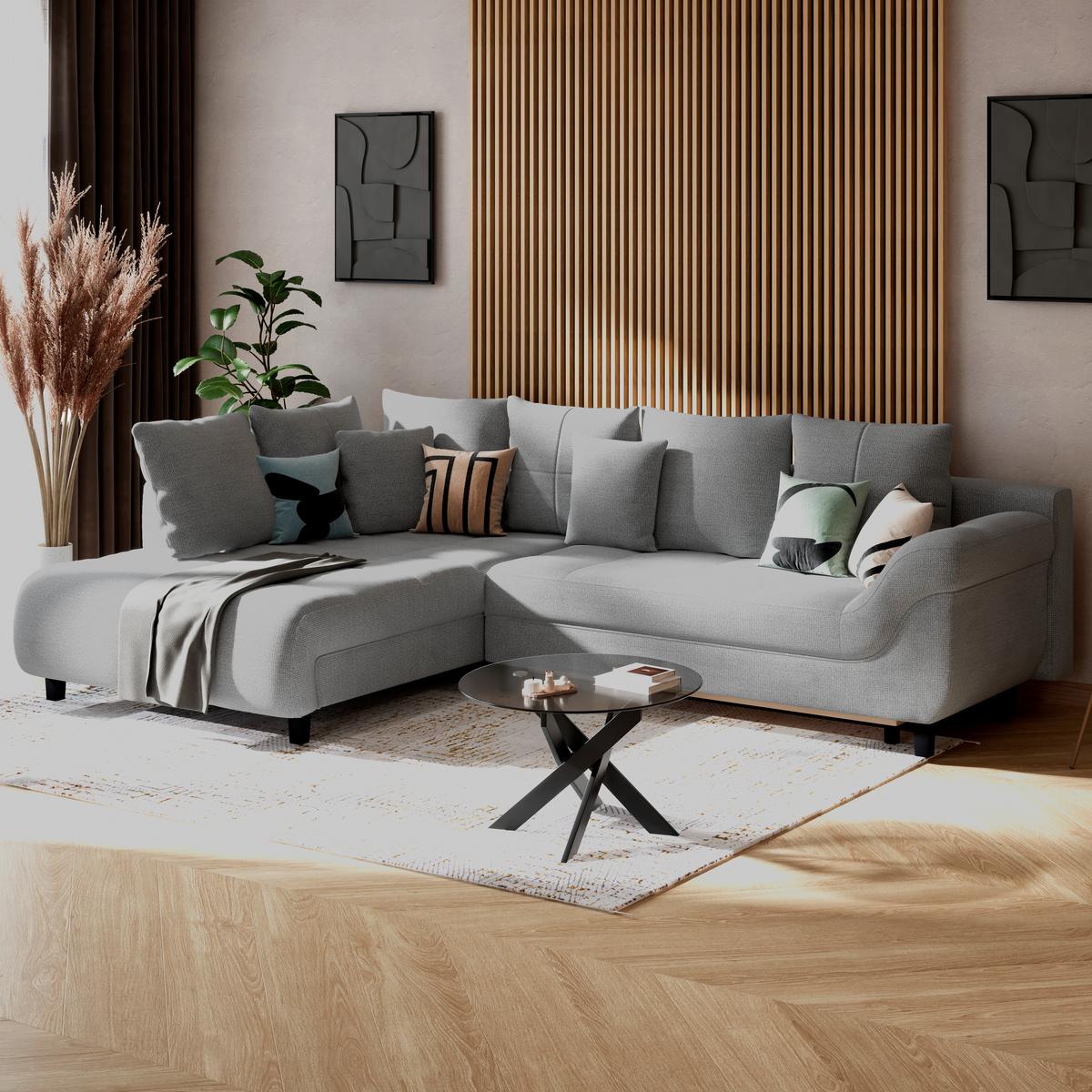 Ecksofa mit Schlaffunktion Mendoza New Chenille 197x309cm - Blaugrau/Schwarz, KONVENTIONELL, Textil (197/309cm) - Ondega