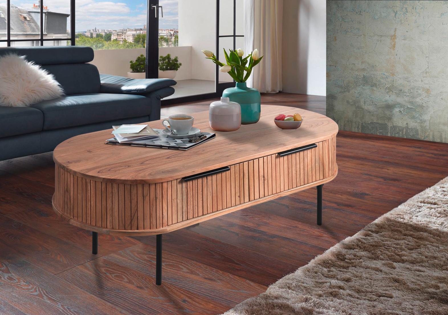 Couchtisch Kunja Akazie Massiv, B: 118 cm - Schwarz/Akaziefarben, Trend, Holz/Metall (118/40/60cm)