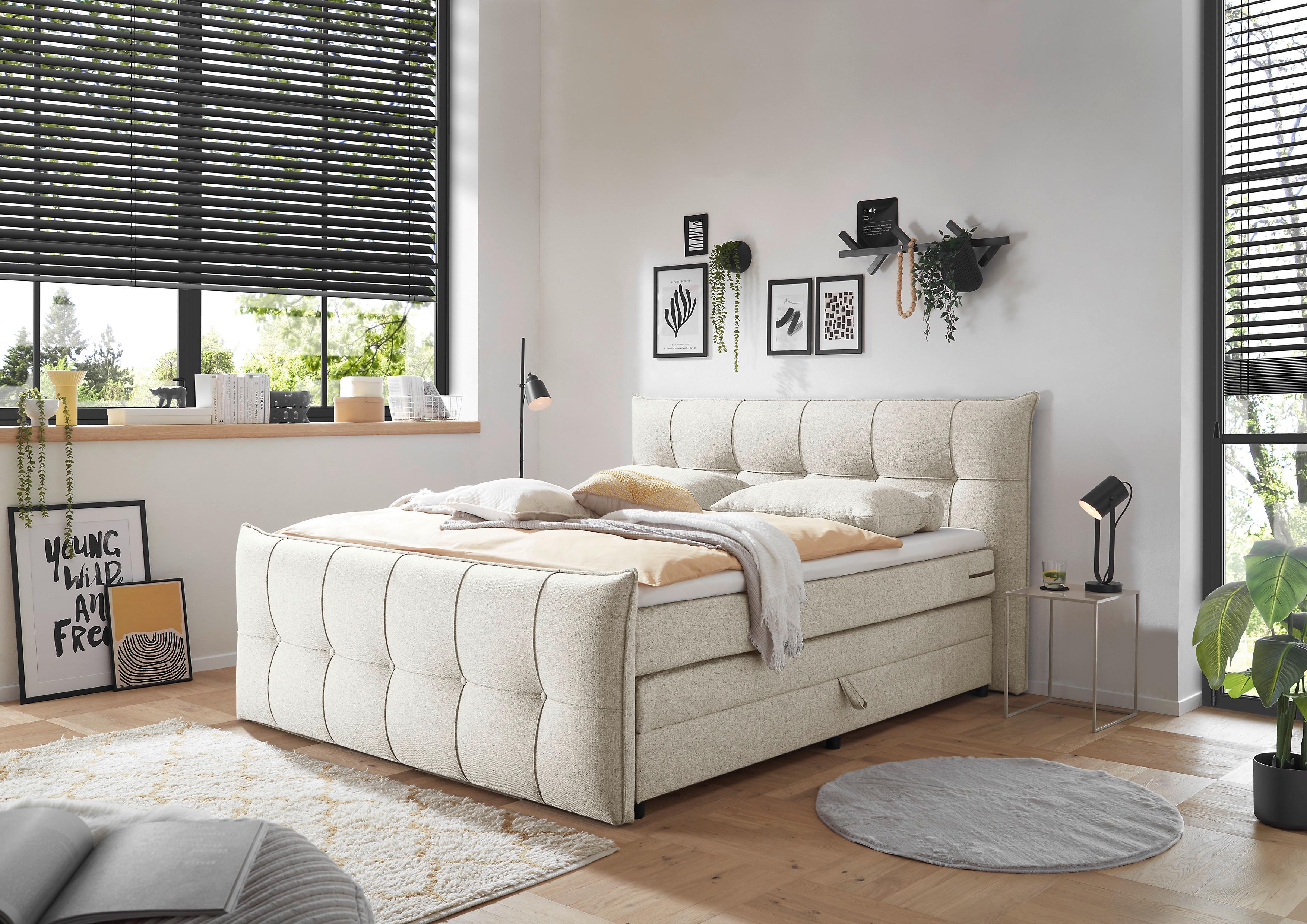 Boxspringbett Manchester 6 - Creme/Schwarz, MODERN, Holzwerkstoff/Textil (180/200cm) - MID.YOU