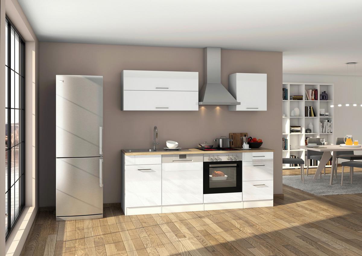 Küchenzeile Mailand mit Geräten 220 cm Weiß Elegant - Eichefarben/Weiß Hochglanz, MODERN, Holzwerkstoff (220cm) - Held