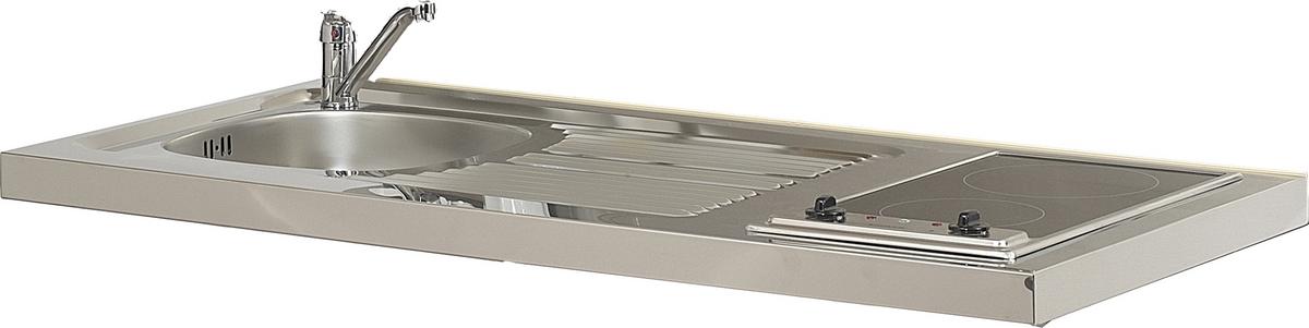 Miniküche mit Kühlschrank + Kochfeld 130 cm Weiß/Eiche - Edelstahlfarben/Eichefarben, MODERN, Holzwerkstoff/Metall (130cm) - Respekta