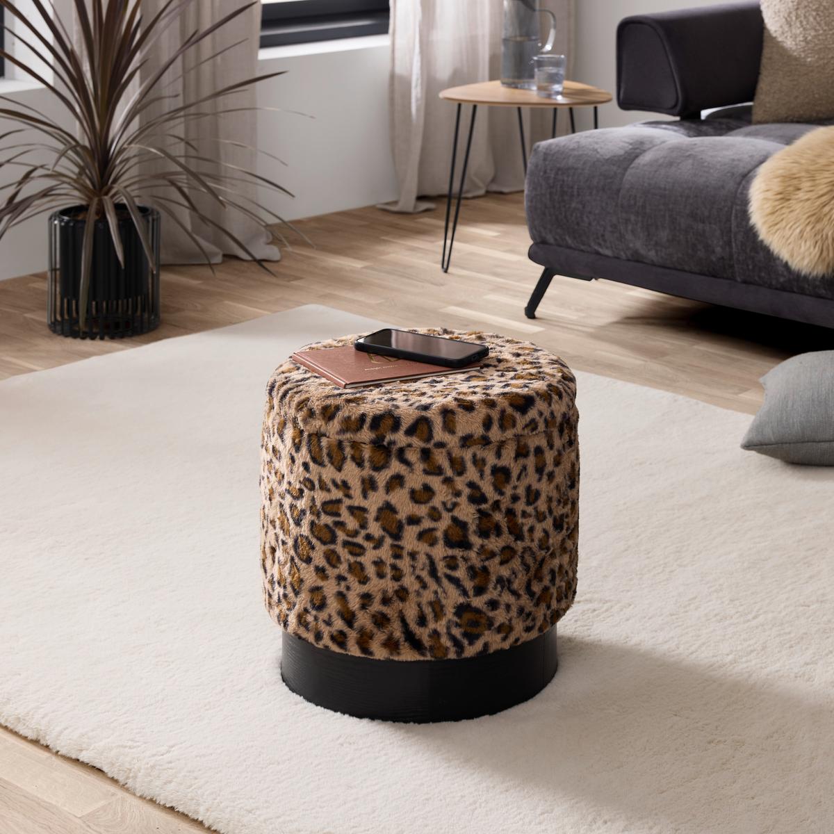 Leopardia taburetka LEO, hnedá/béžová umelá kožušina - hnedá/čierna, Lifestyle, kompozitné drevo/textil (38/43/38cm) - Mömax