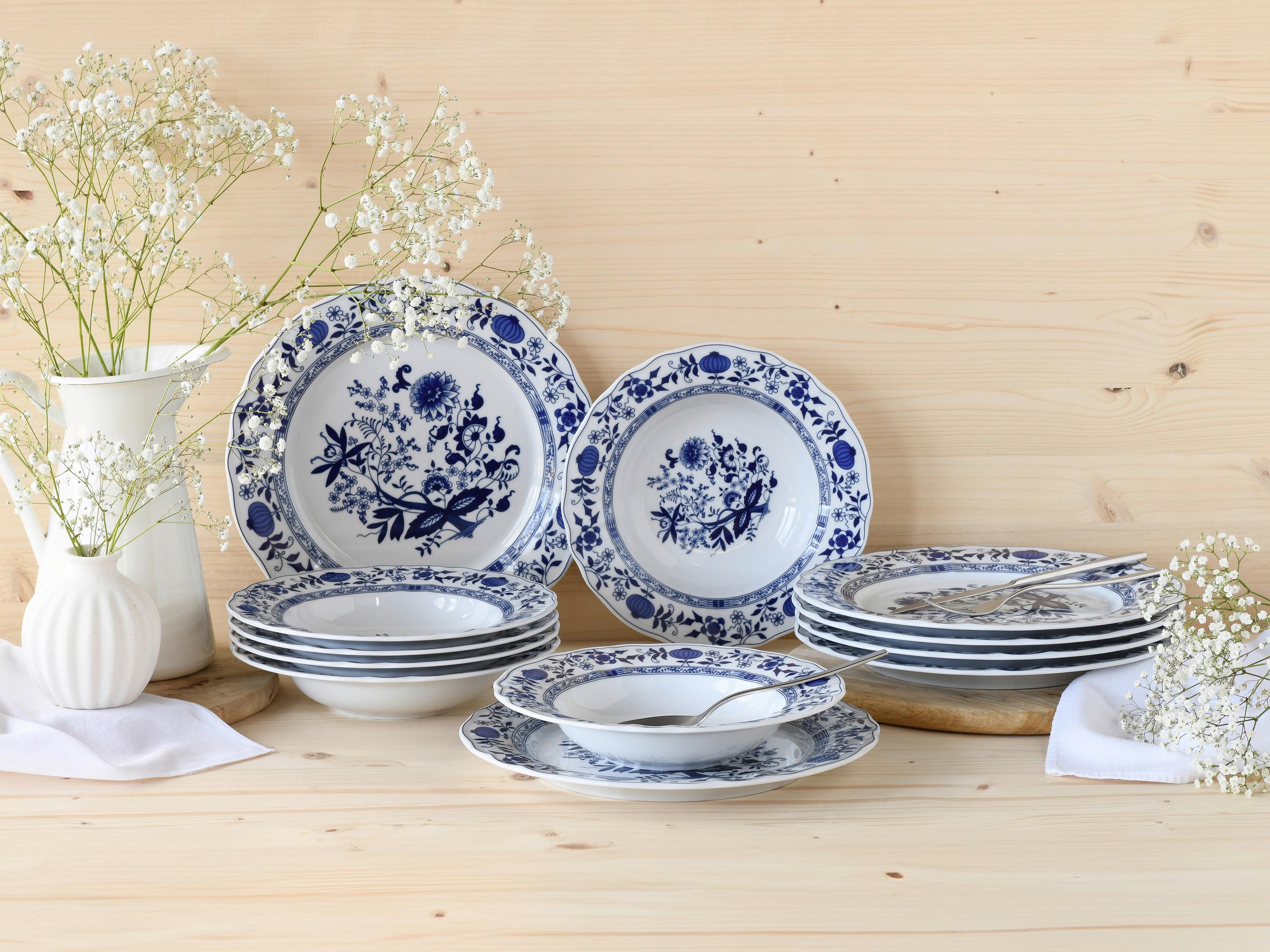 Tafelservice 12-Tlg. Flora Zwiebelmuster, Blau, Weiß - Blau/Weiß, Design, Keramik - Creatable