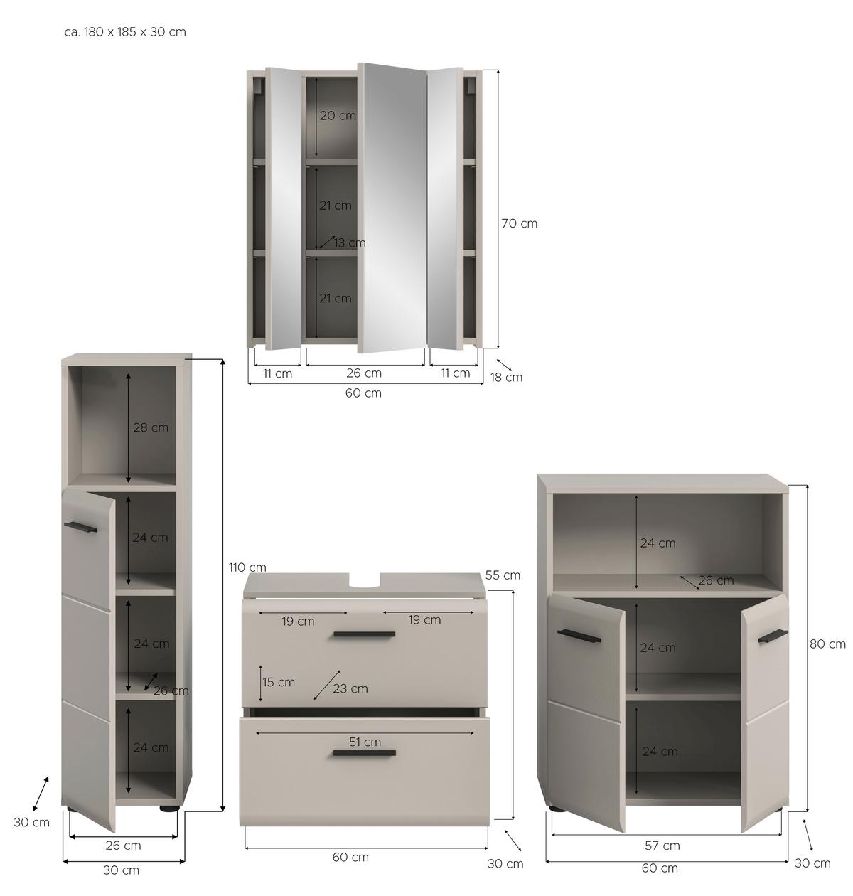 Badezimmer Ice Kaschmir B: 150cm - Kaschmir/Schwarz, Trend, Glas/Holzwerkstoff (150cm) - MID.YOU