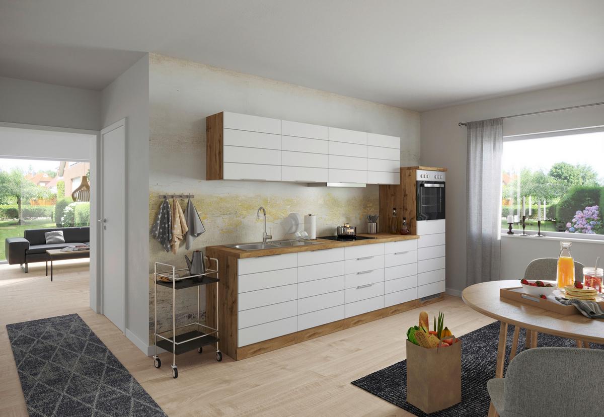 Küchenzeile Florenz mit Geräten 300 cm Weiß/Eichefarben - Eiche Wotan/Weiß, Design, Holzwerkstoff (300cm) - Held