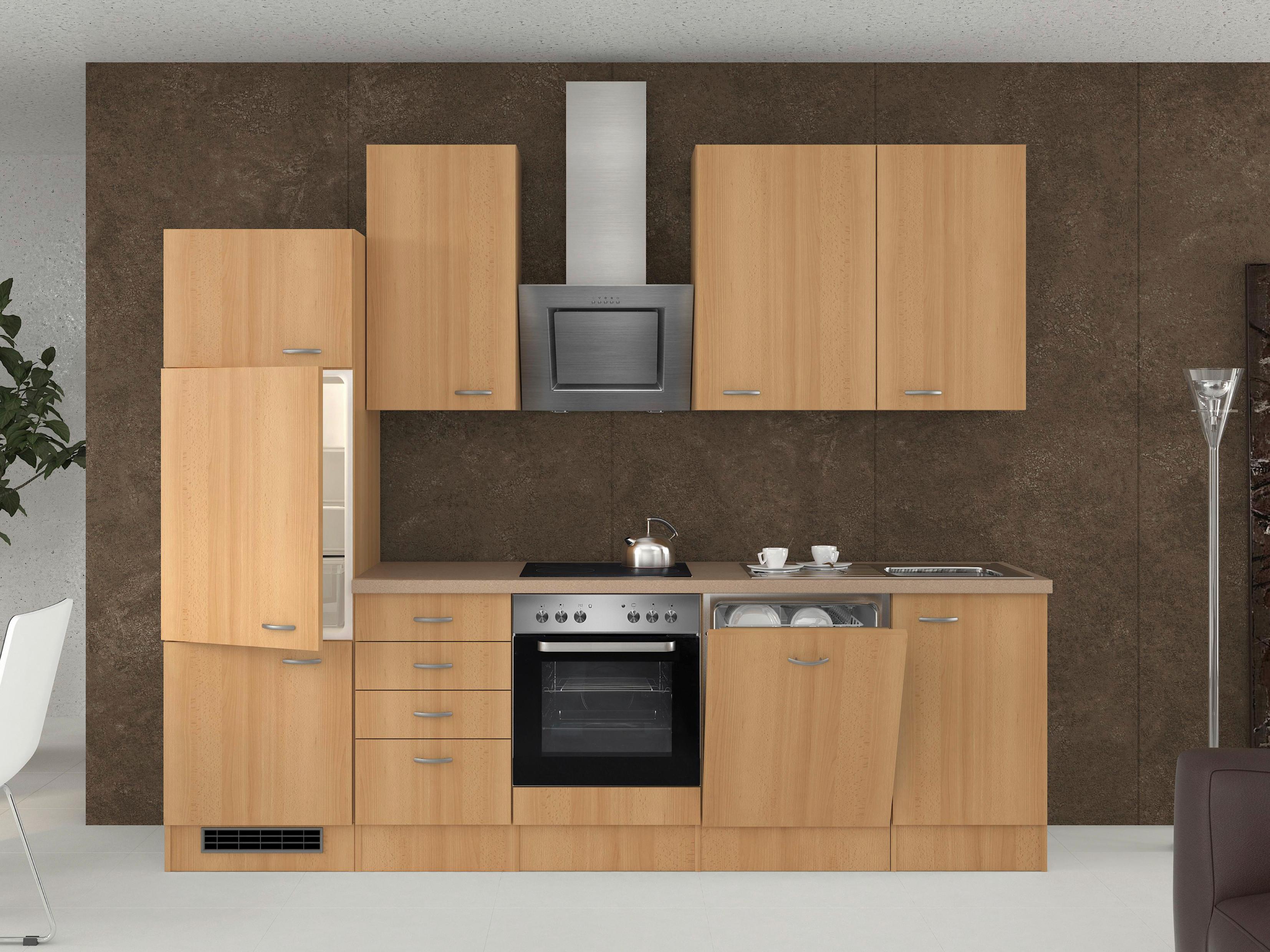 Küchenzeile Nano m. Geräten 280 cm Buche/Creme Dekor