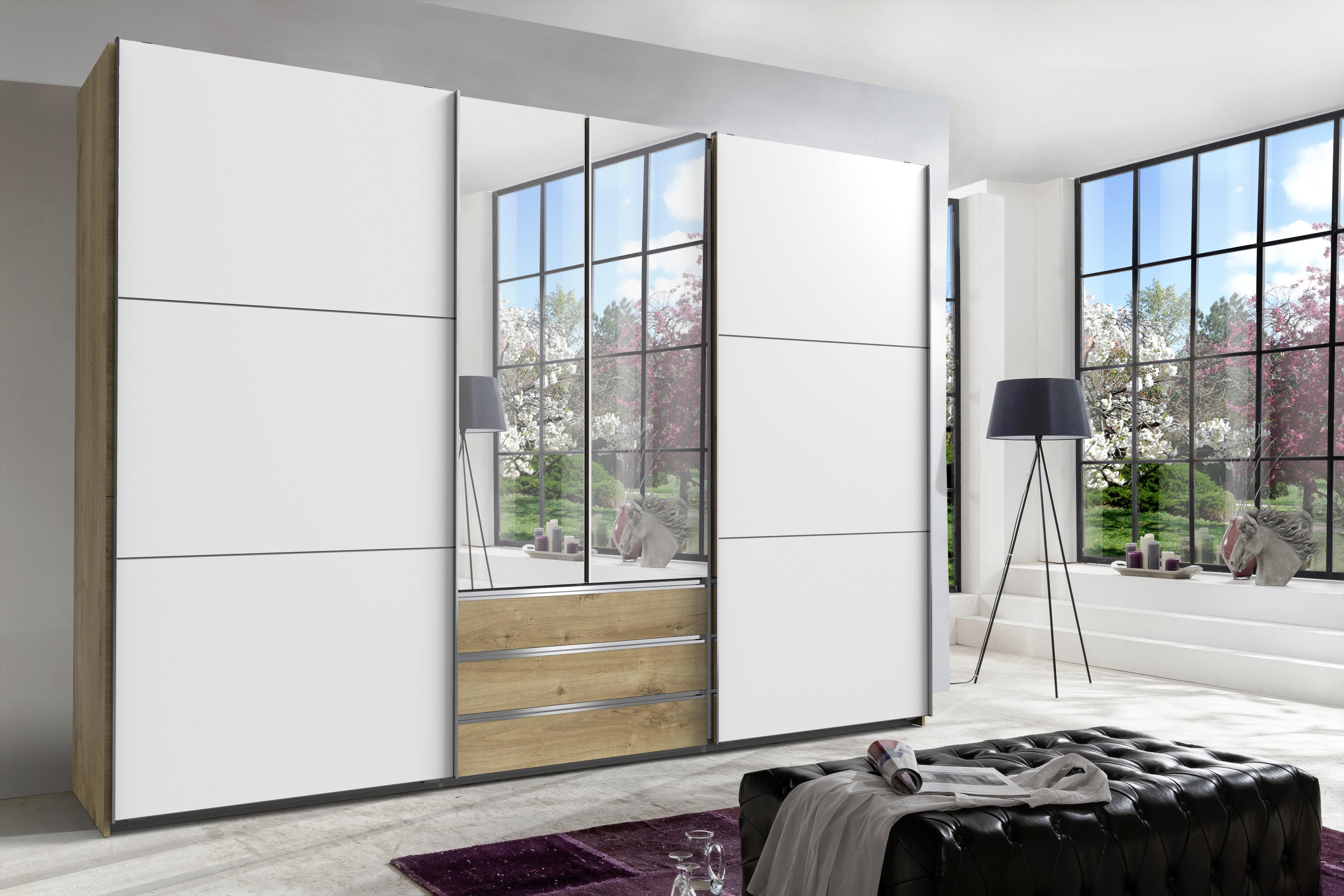 Schwebetürenschrank mit Laden 300 cm Magic Weiß/Eiche Dekor - Eichefarben/Silberfarben, MODERN, Glas/Holzwerkstoff (300/216/65cm) - MID.YOU