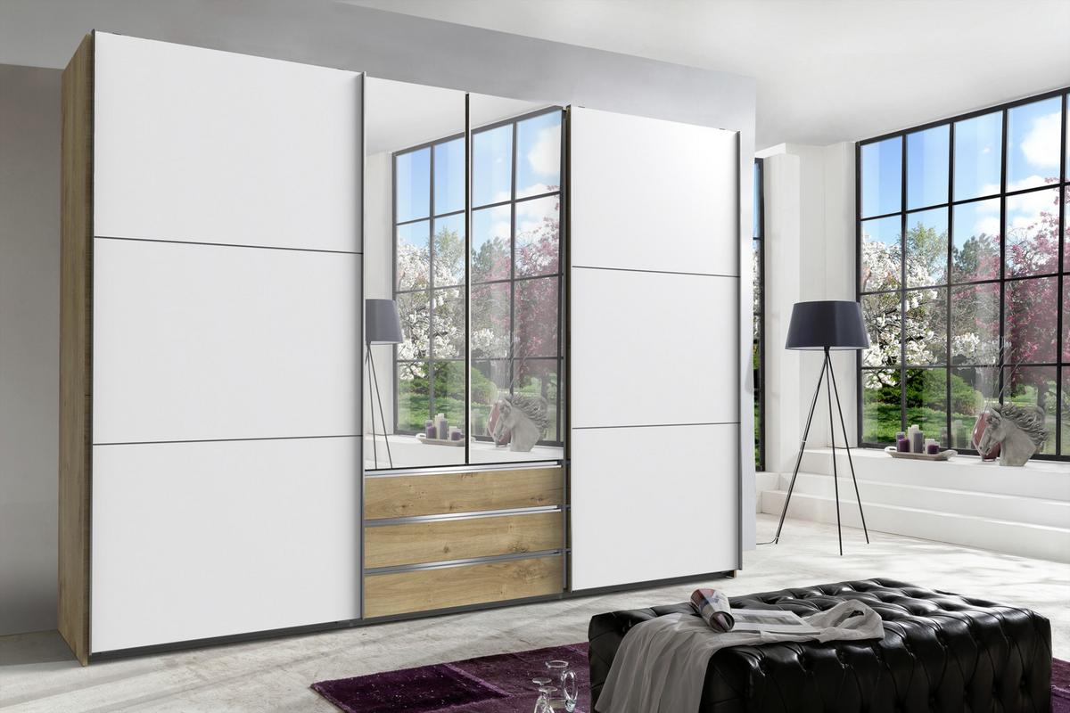 Schwebetürenschrank Mit Laden 300 Cm Magic Weiß/eiche Dekor - Eichefarben/Silberfarben, MODERN, Glas/Holzwerkstoff (300/216/65cm) - MID.YOU