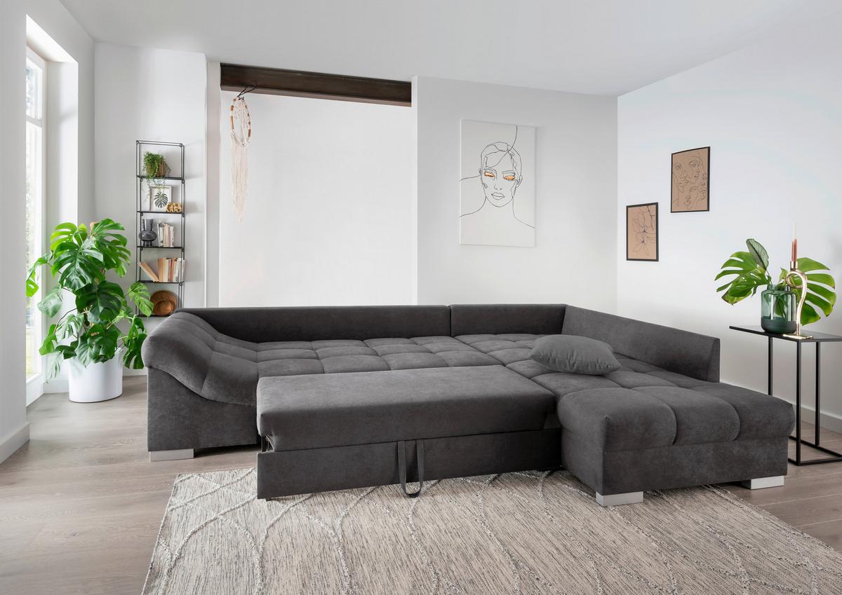 Eckschlafsofa Alvito Anthrazit S: 298/202 cm - Anthrazit/Silberfarben, Design, Textil (298/202cm) - MID.YOU