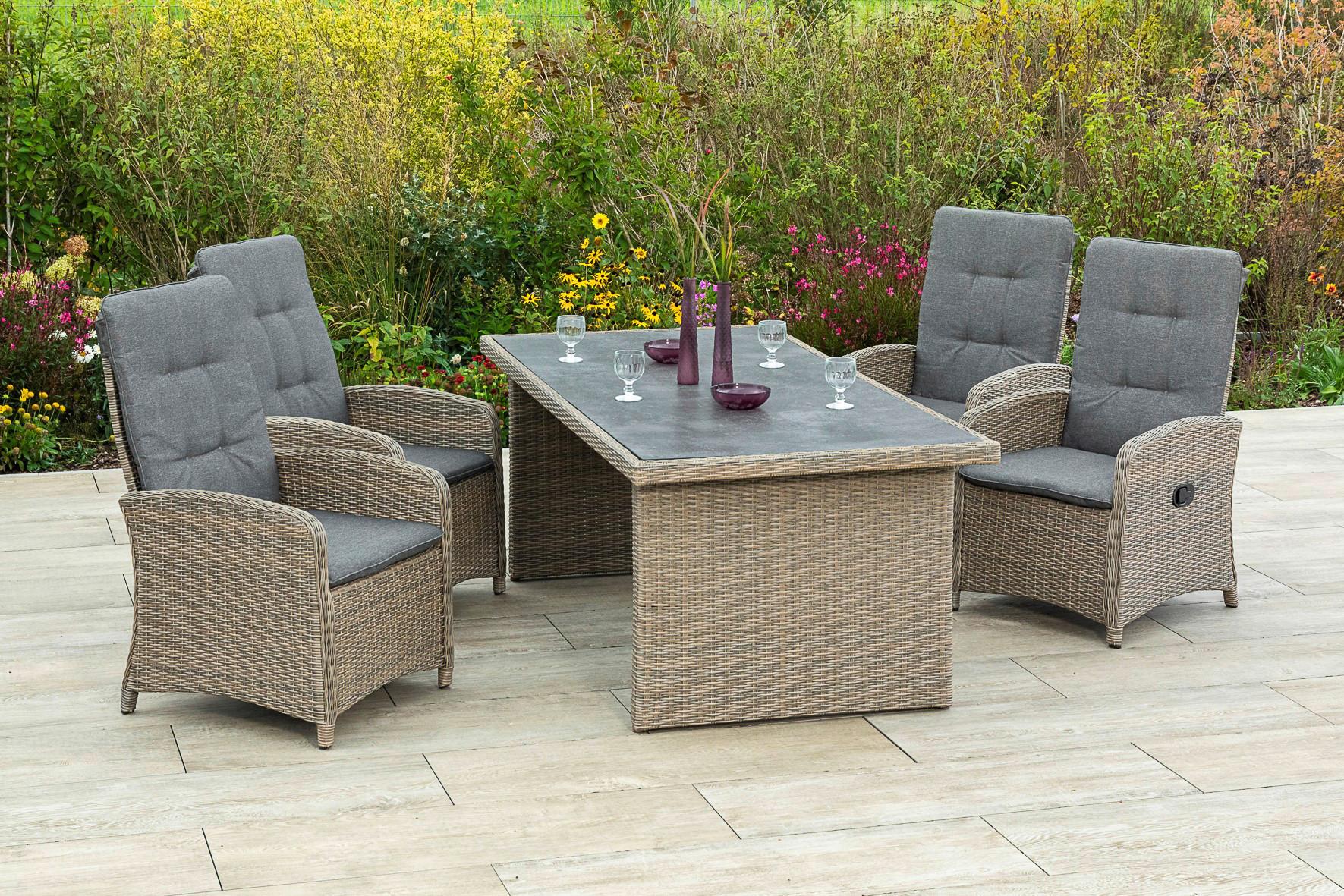 Gartengarnitur 5-tlg. Atrani Textil/Glas/Metall/Kunststoff - Schieferfarben/Beige, KONVENTIONELL, Glas/Kunststoff - Gardenson
