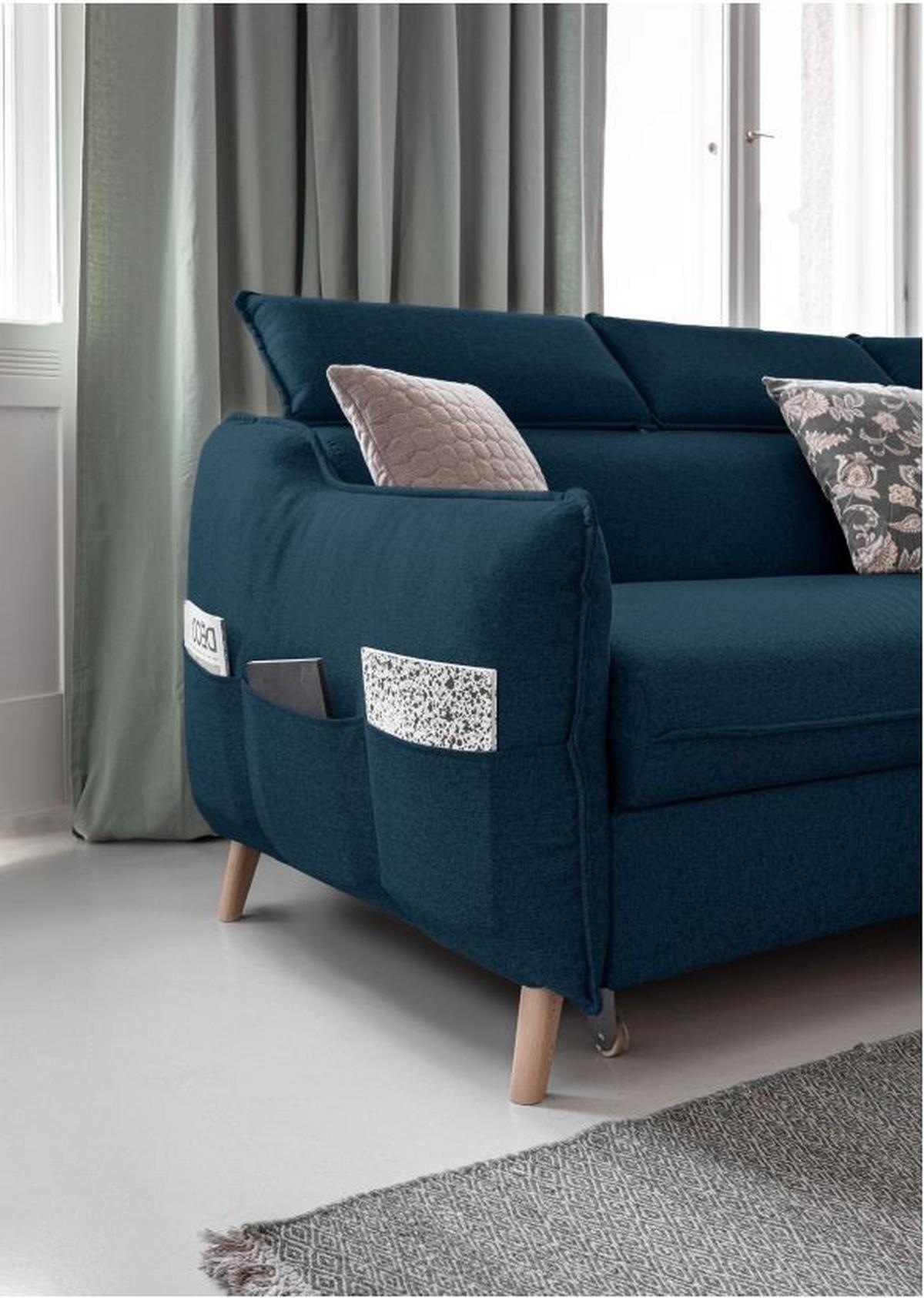 Rozkládací sedačka Simone, pravé provedení - přírodní barvy/tmavě modrá, Moderní, dřevo/textil (253/82/95/208cm)