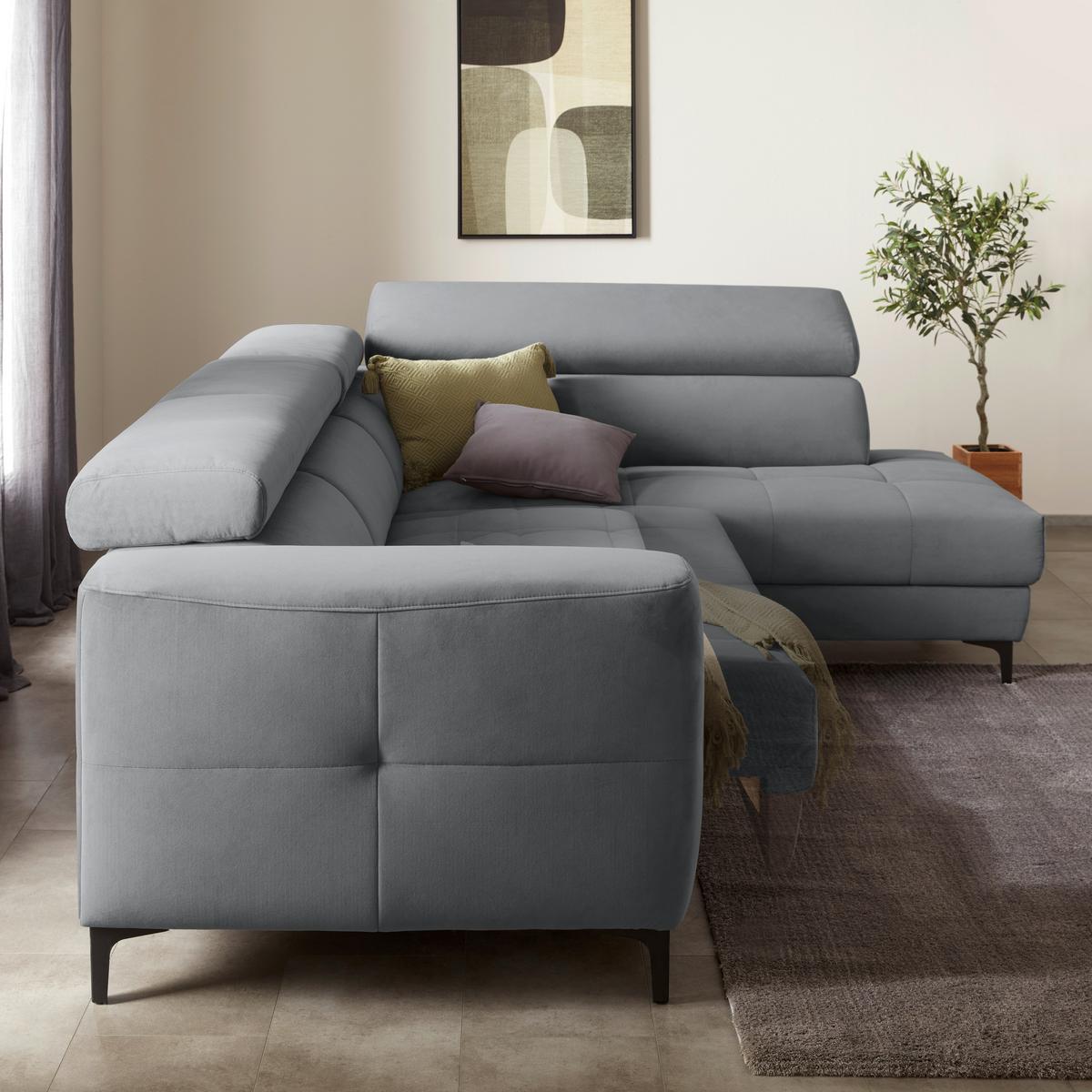 Rohová sedačka EMMA, pravá, modrosivá,op.hl.,USB,el.výsuv - čierna/modrosivá, Modern, textil (301/210cm) - Premium Living