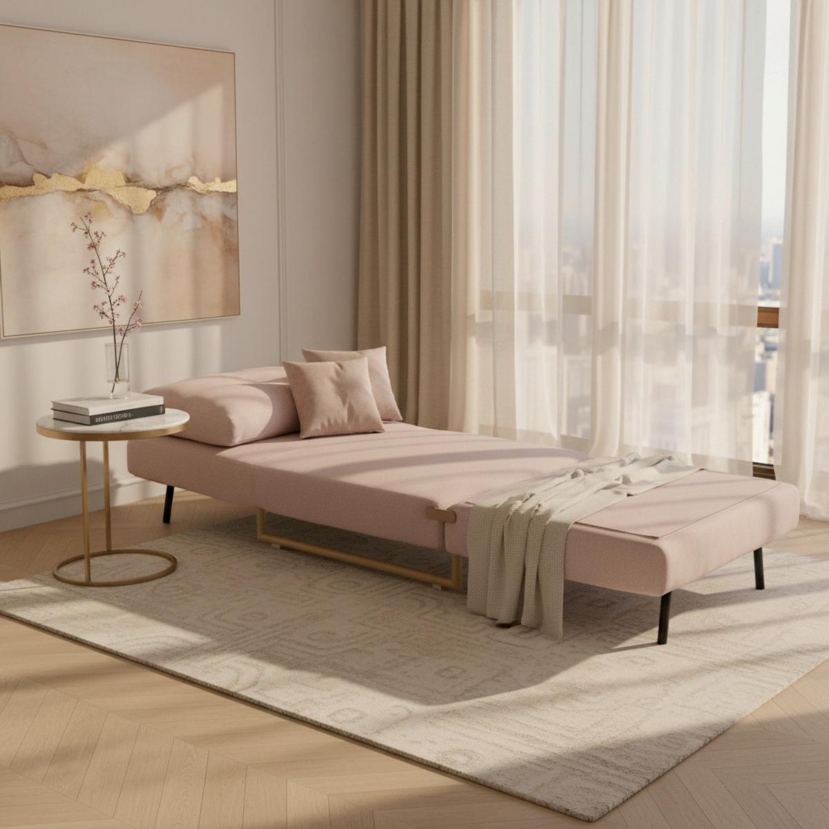 Rozkládací pohovka Malic - růžová - růžová/barvy dubu, Moderní, kov/textil (80/84/90cm) - Bessagi Home