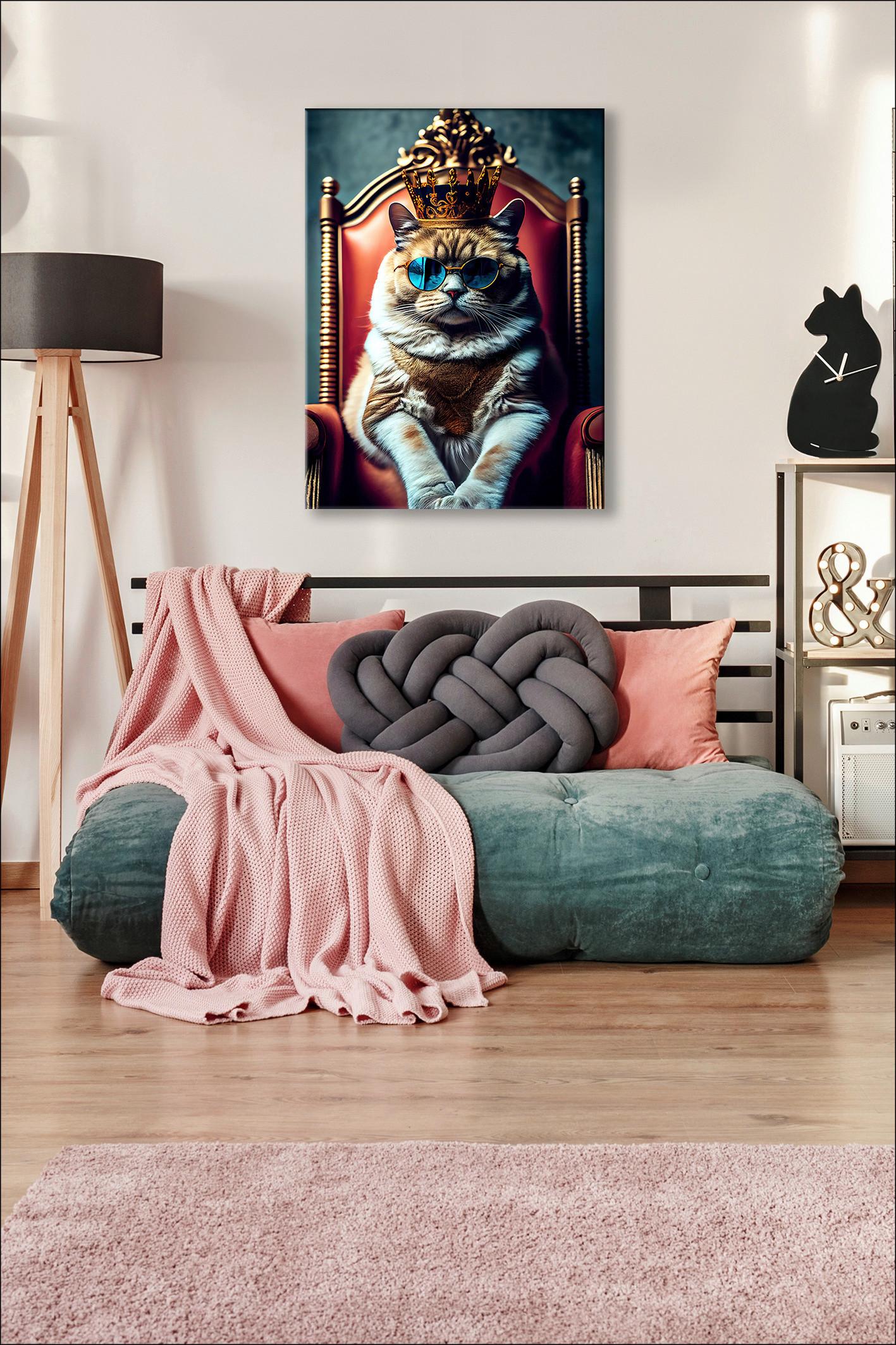 Leinwandbild The Cat Is King 57x77 cm - Dunkelgrau/Olivgrün, Basics, Papier/Holzwerkstoff (55/77/2cm)