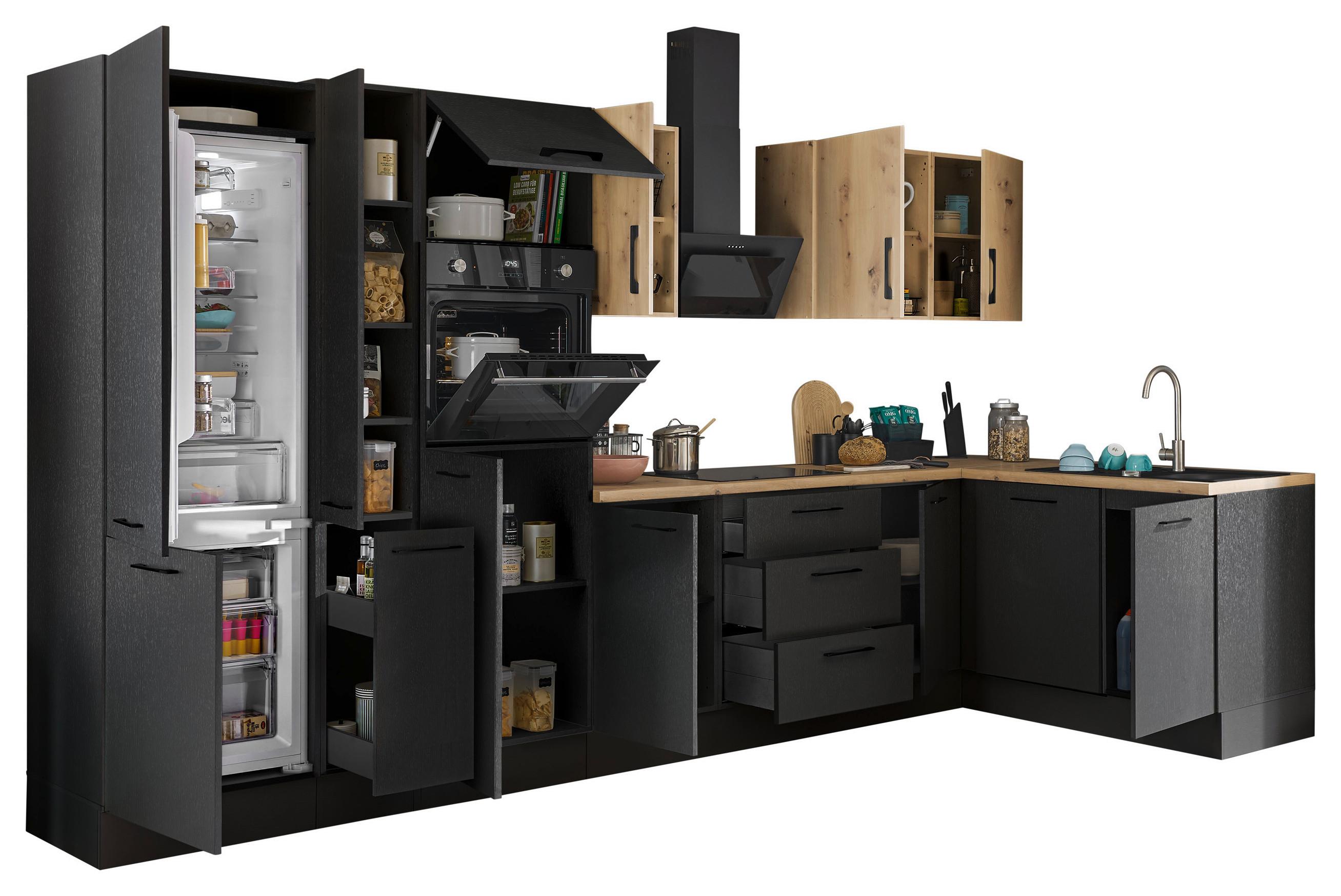 Eckküche Turin Schwarz/eiche Dekor 370x175 Cm - Schwarz/Eiche Artisan, Basics, Holzwerkstoff (370/175cm) - MID.YOU