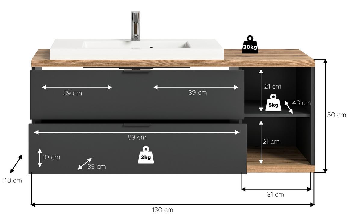 Waschtischkombi Nuaro Eiche Dekor/anthrazit B: 130cm - Eichefarben/Anthrazit, Basics, Holzwerkstoff/Stein (130/50/48cm) - MID.YOU