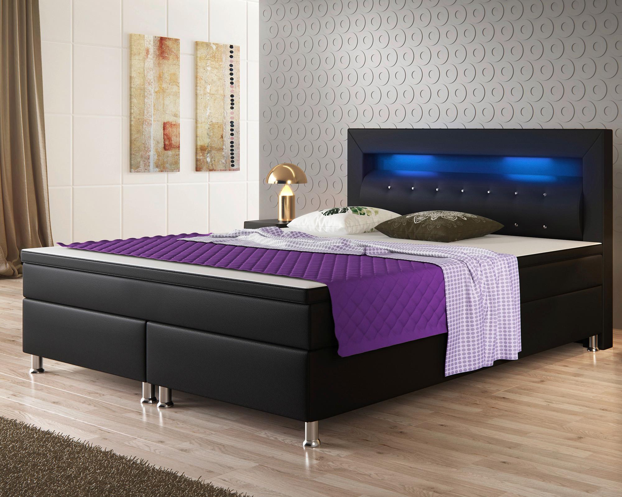 Boxspringbett Mit Topper & Beleuchtung 180x200 Monaco - Silberfarben/Schwarz, KONVENTIONELL, Leder/Textil (180/115/210cm) - MID.YOU