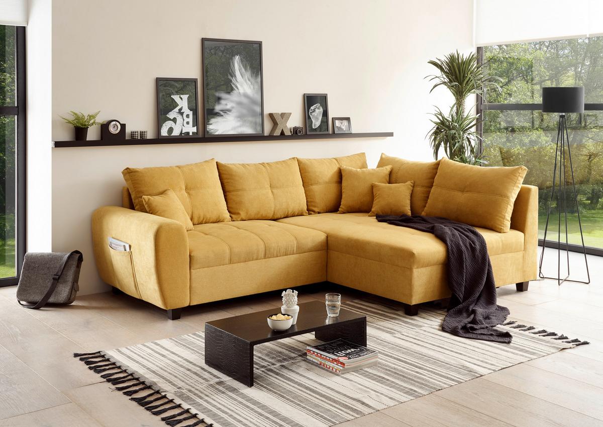Ecksofa inkl. Kissen und Hocker Lea, Polyester-Nylon - Gelb/Schwarz, Basics, Holzwerkstoff/Textil (248/176cm) - MID.YOU