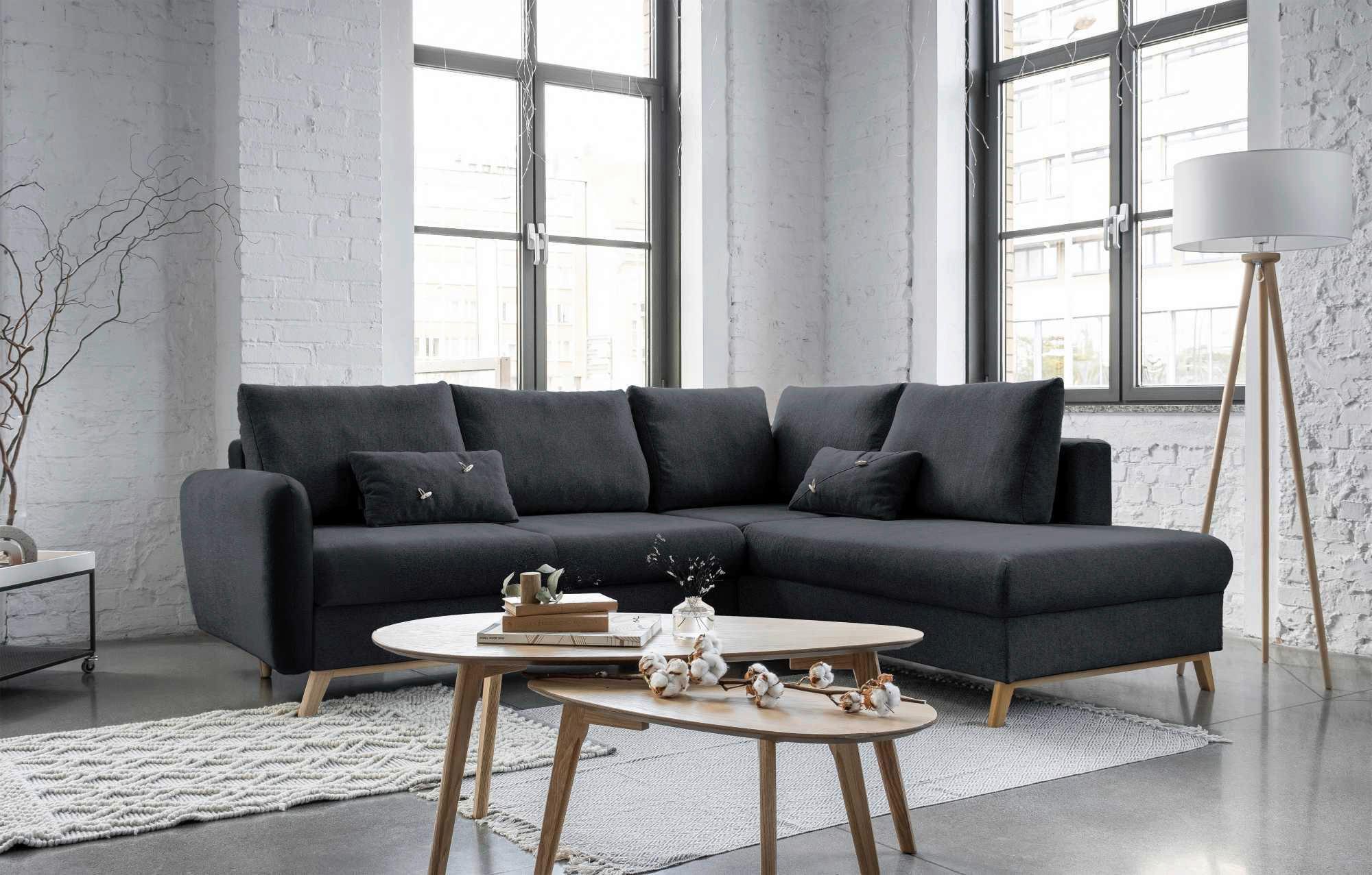 Sedačka LUCILE L, pravá, tm.sivá, úl.priestor a lôžko - prírodná farba/tmavosivá, drevo/textil (242/202cm) - MID.YOU