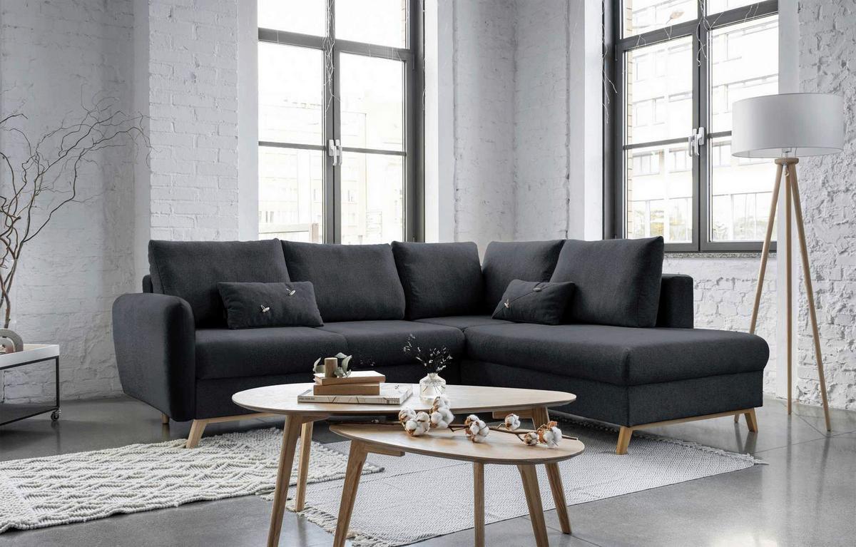 Sedačka LUCILE L, pravá, tm.sivá, úl.priestor a lôžko - prírodná farba/tmavosivá, drevo/textil (242/202cm) - MID.YOU