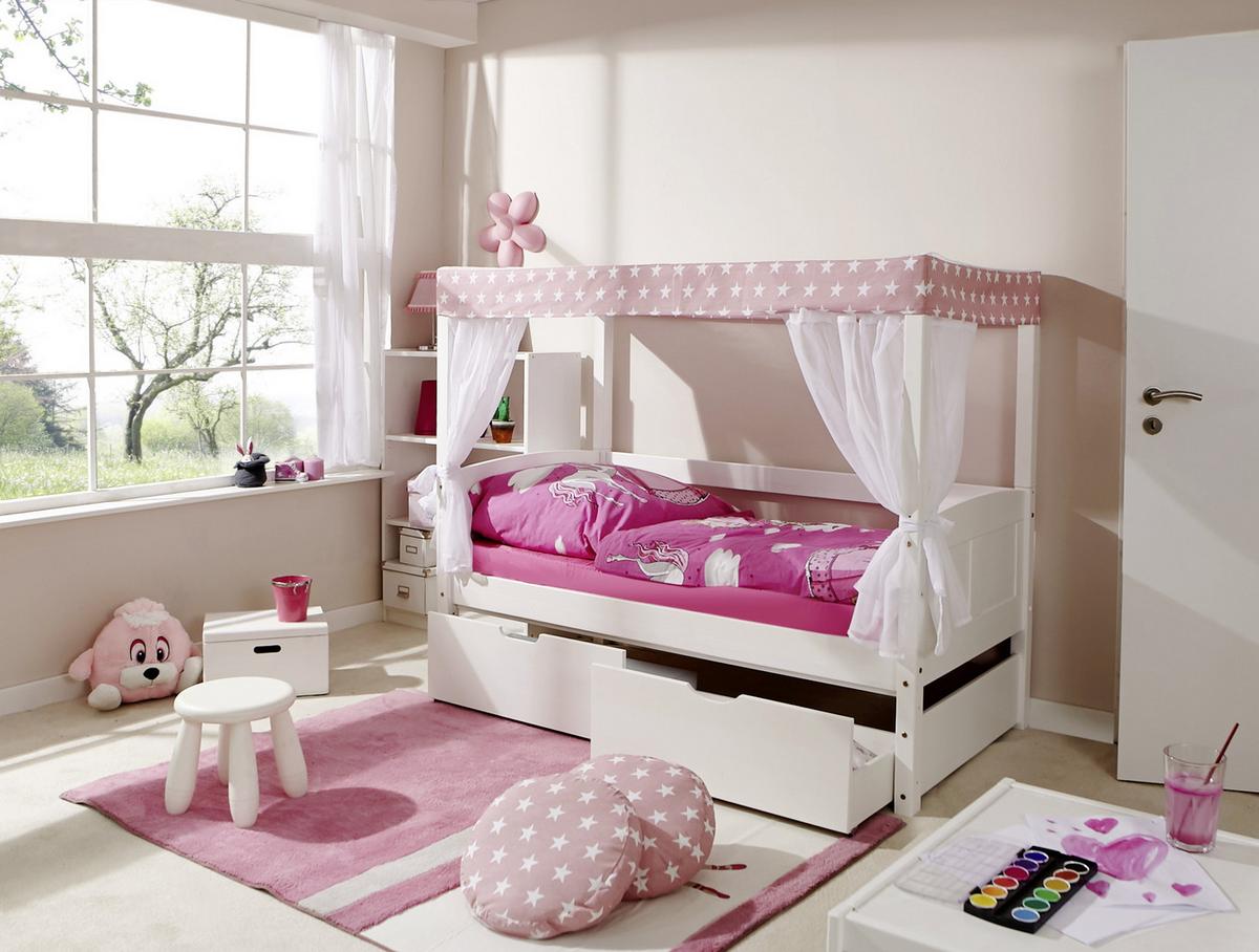 Detská posteľ s nebesami LINO MINI záves ružovo-biely - biela/ružová, Modern, drevo (80/160cm) - MID.YOU