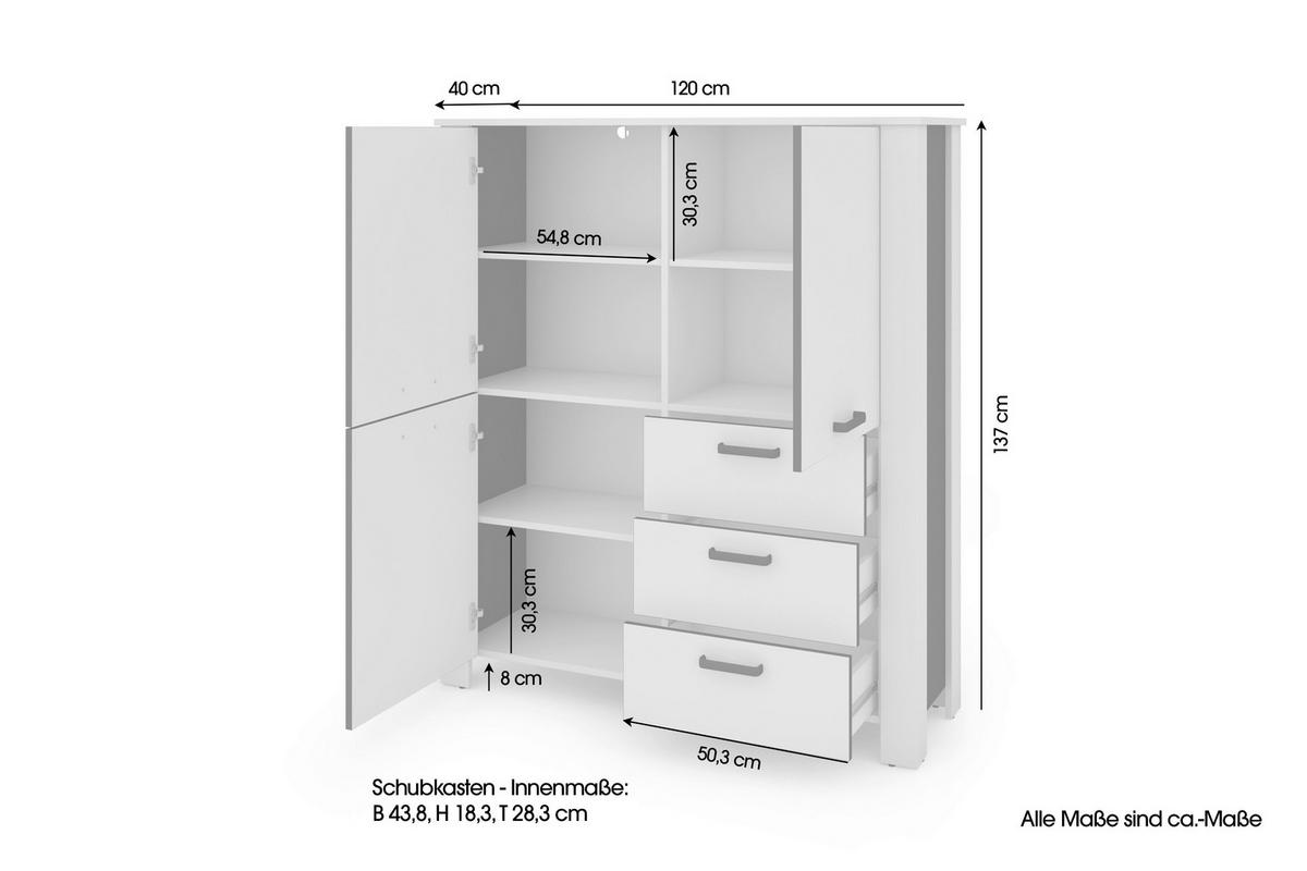 Highboard Faro Weiß B: 120 Cm - Schwarz/Weiß, Design, Holzwerkstoff (120/137/40cm) - MID.YOU