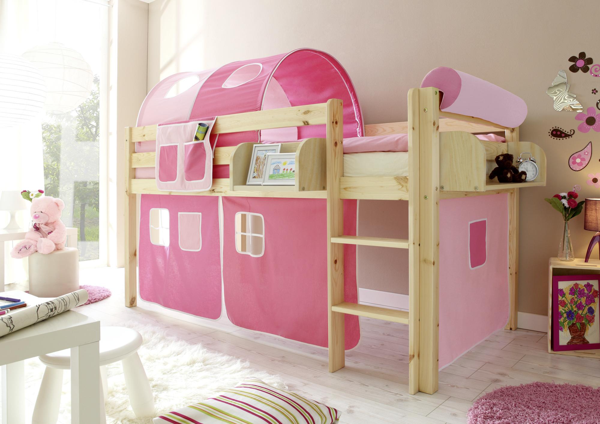 Spielbett Malte Rosa Kiefer Massiv 90 cm Vorhang Leiter - Pink/Naturfarben, Natur, Holz (90/200cm) - MID.YOU