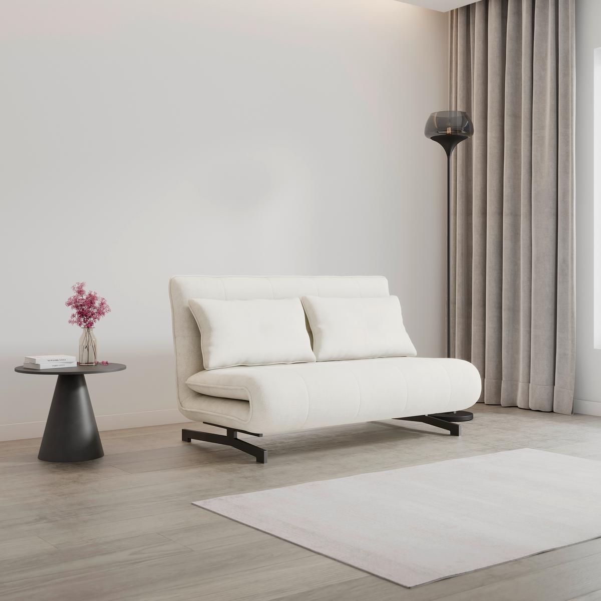 Rozkládací pohovka LUNA, bilé buklé, max.240 kg - bílá/černá, Moderní, kov/textil (142/40/62cm) - Bessagi Home