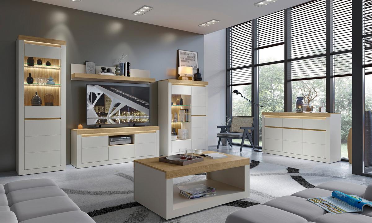 Vitrine Naxxar Eichefarben/kaschmir B:154,1cm - Kaschmir/Eichefarben, Trend, Holzwerkstoff (154,1/62,5/39,6cm)