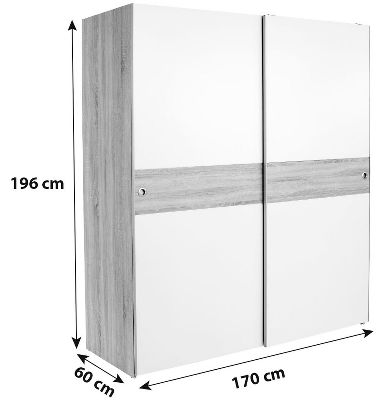 Schwebetürenschrank 170cm Wiki, Weiß/ Sonoma Eiche Dekor - Weiß/Sonoma Eiche, KONVENTIONELL, Holzwerkstoff (170/196/60cm) - MID.YOU